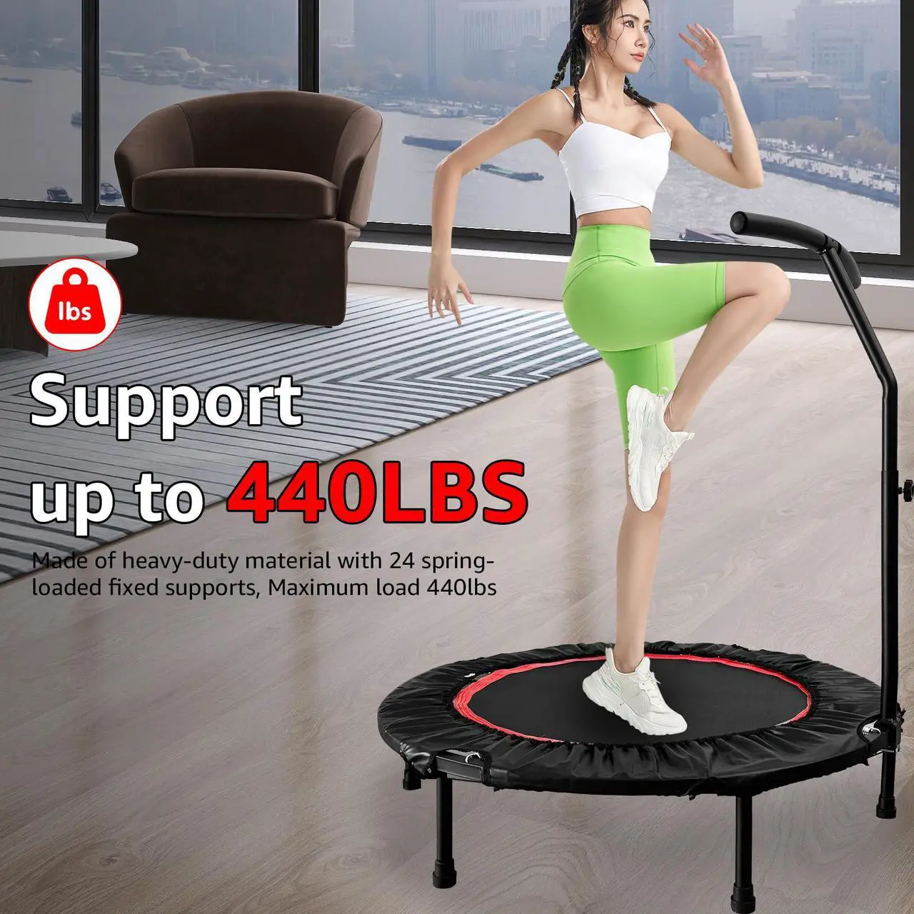 Alt view image 2 of 7 - EVGTTI 40" Fitness Mini Trampoline, Exercise Rebounder Mini Trampoline for Adults, Foldable with Adjustable T-Shaped Handrail Max Load 440lbs