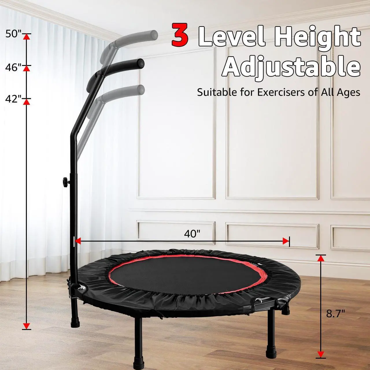 Alt view image 6 of 7 - EVGTTI 40" Fitness Mini Trampoline, Exercise Rebounder Mini Trampoline for Adults, Foldable with Adjustable T-Shaped Handrail Max Load 440lbs