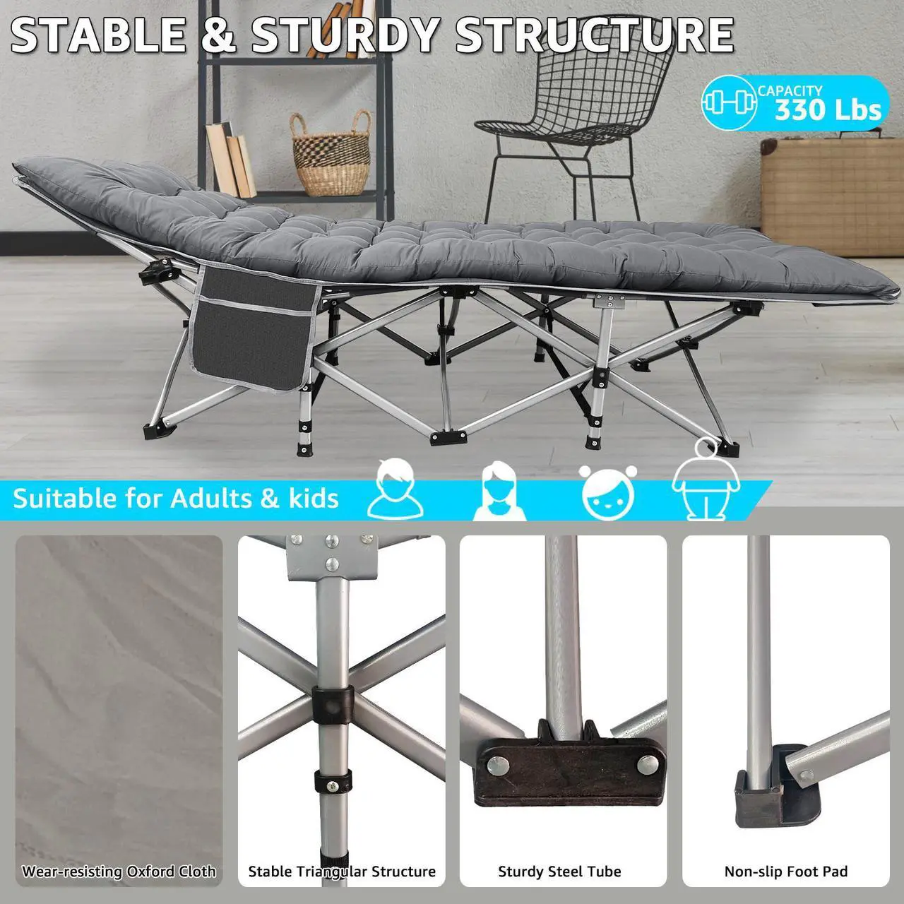 Alt view image 2 of 7 - EVGTTI  Camping Cot, Upgraded Portable Folding Outdoor Bed, Extra Wide and Thick Adult Mattress, Lounge Chair, Outdoor Camping/Office, Home Napping Folding Bed (Gray)