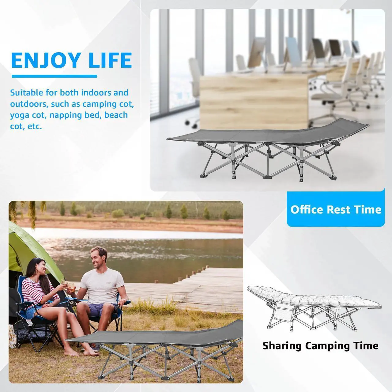 Alt view image 4 of 7 - EVGTTI  Camping Cot, Upgraded Portable Folding Outdoor Bed, Extra Wide and Thick Adult Mattress, Lounge Chair, Outdoor Camping/Office, Home Napping Folding Bed (Gray)
