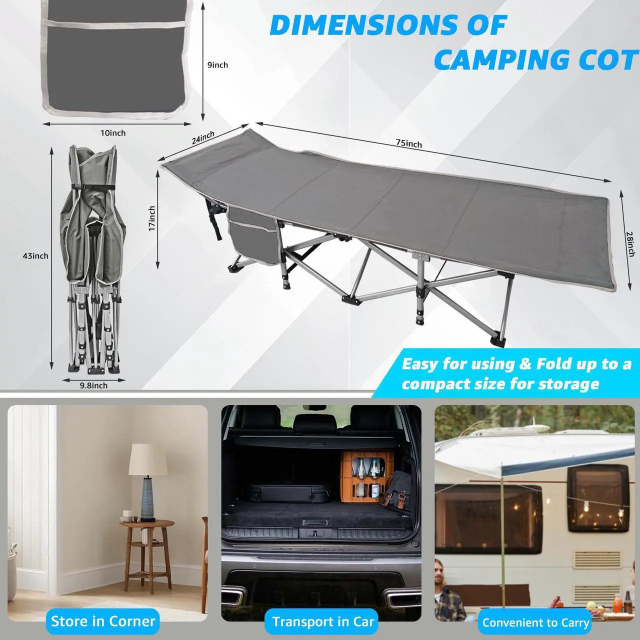 Alt view image 3 of 7 - EVGTTI  Camping Cot, Upgraded Portable Folding Outdoor Bed, Extra Wide and Thick Adult Mattress, Lounge Chair, Outdoor Camping/Office, Home Napping Folding Bed (Gray)