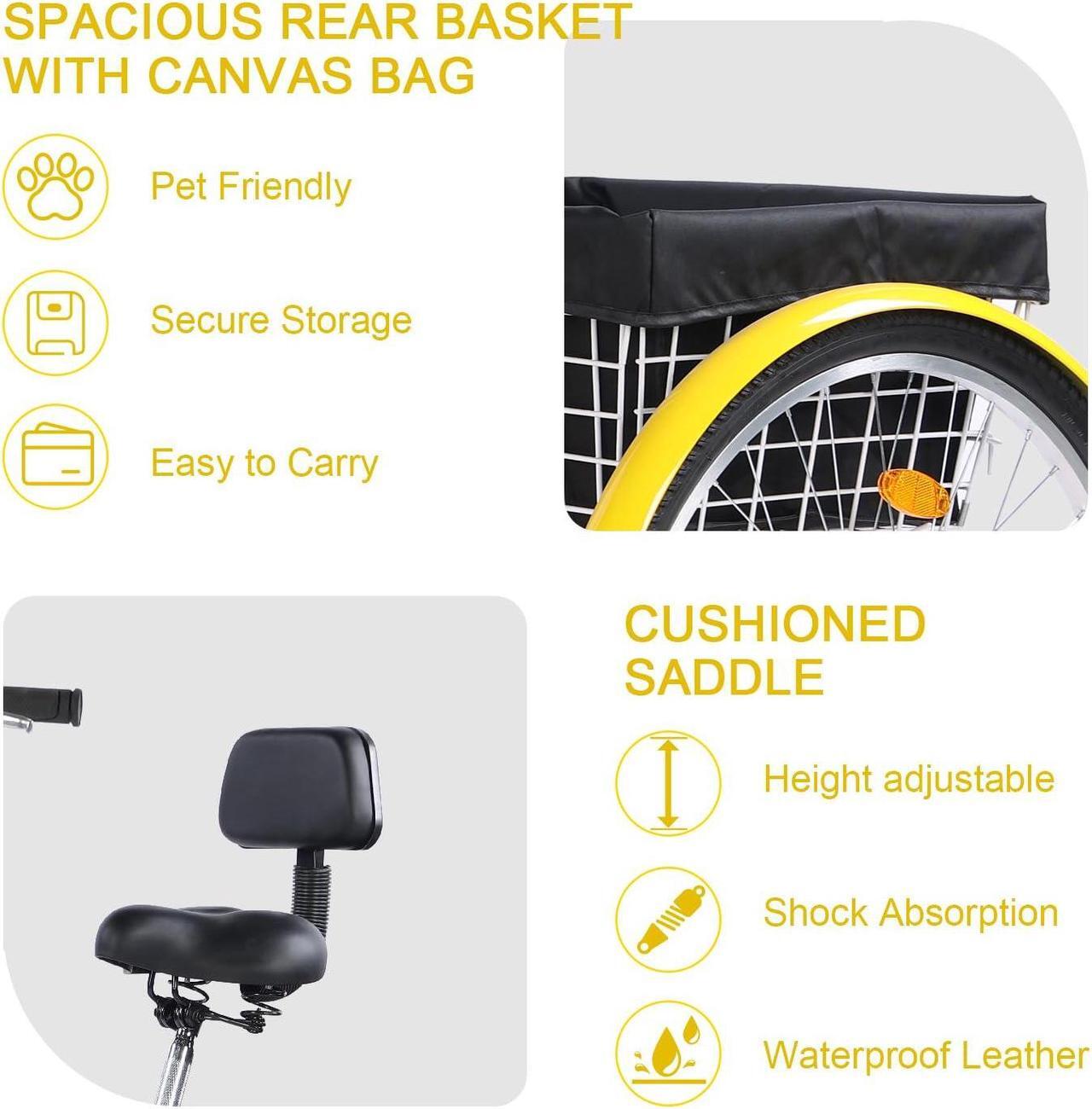 Alt view image 5 of 7 - EVGTTI Adult Tricycle Bike 7 Speed, 26 Inch 3 Wheel Bikes Tricycle for Adults, Adult Trike for Women/Men/Seniors Yellow