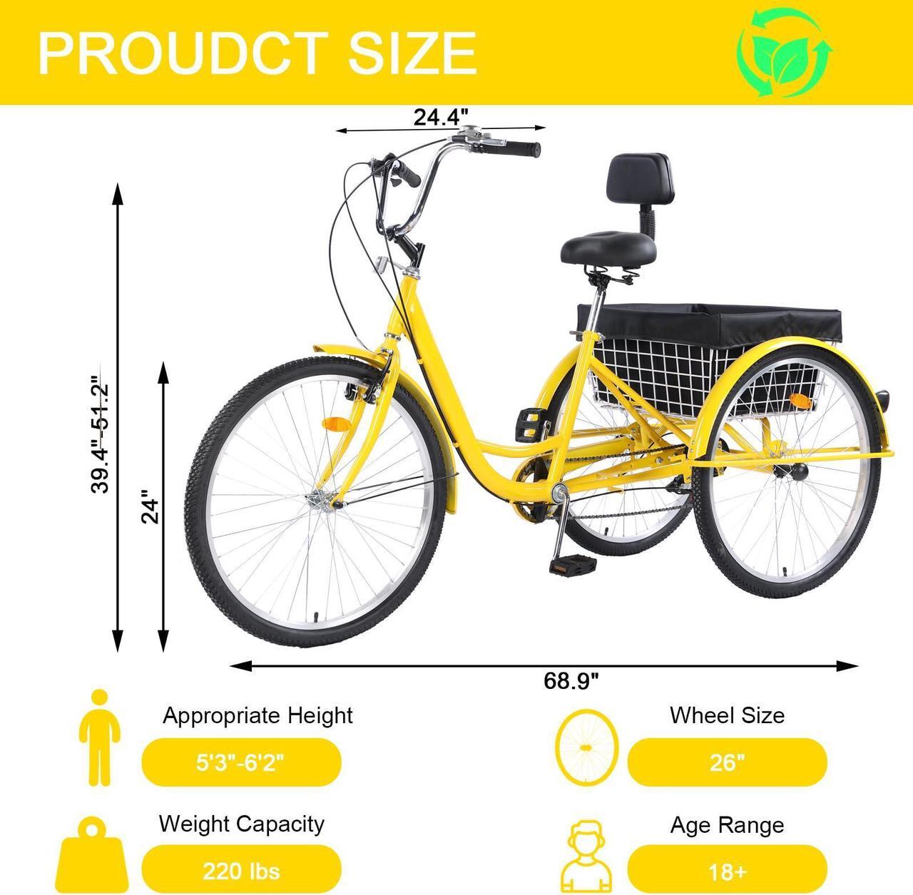 Alt view image 6 of 7 - EVGTTI Adult Tricycle Bike 7 Speed, 26 Inch 3 Wheel Bikes Tricycle for Adults, Adult Trike for Women/Men/Seniors Yellow