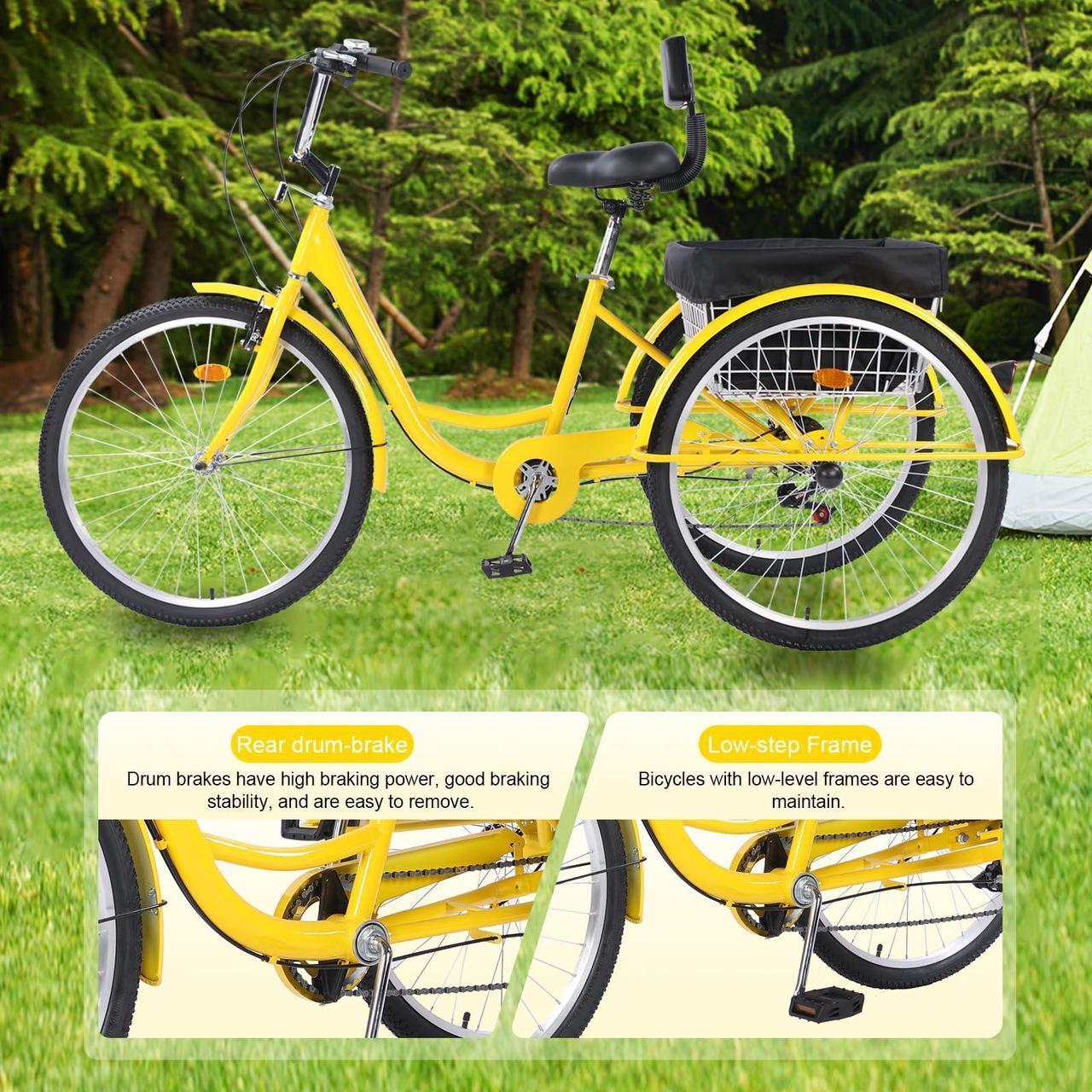 Alt view image 4 of 7 - EVGTTI Adult Tricycle Bike 7 Speed, 26 Inch 3 Wheel Bikes Tricycle for Adults, Adult Trike for Women/Men/Seniors Yellow