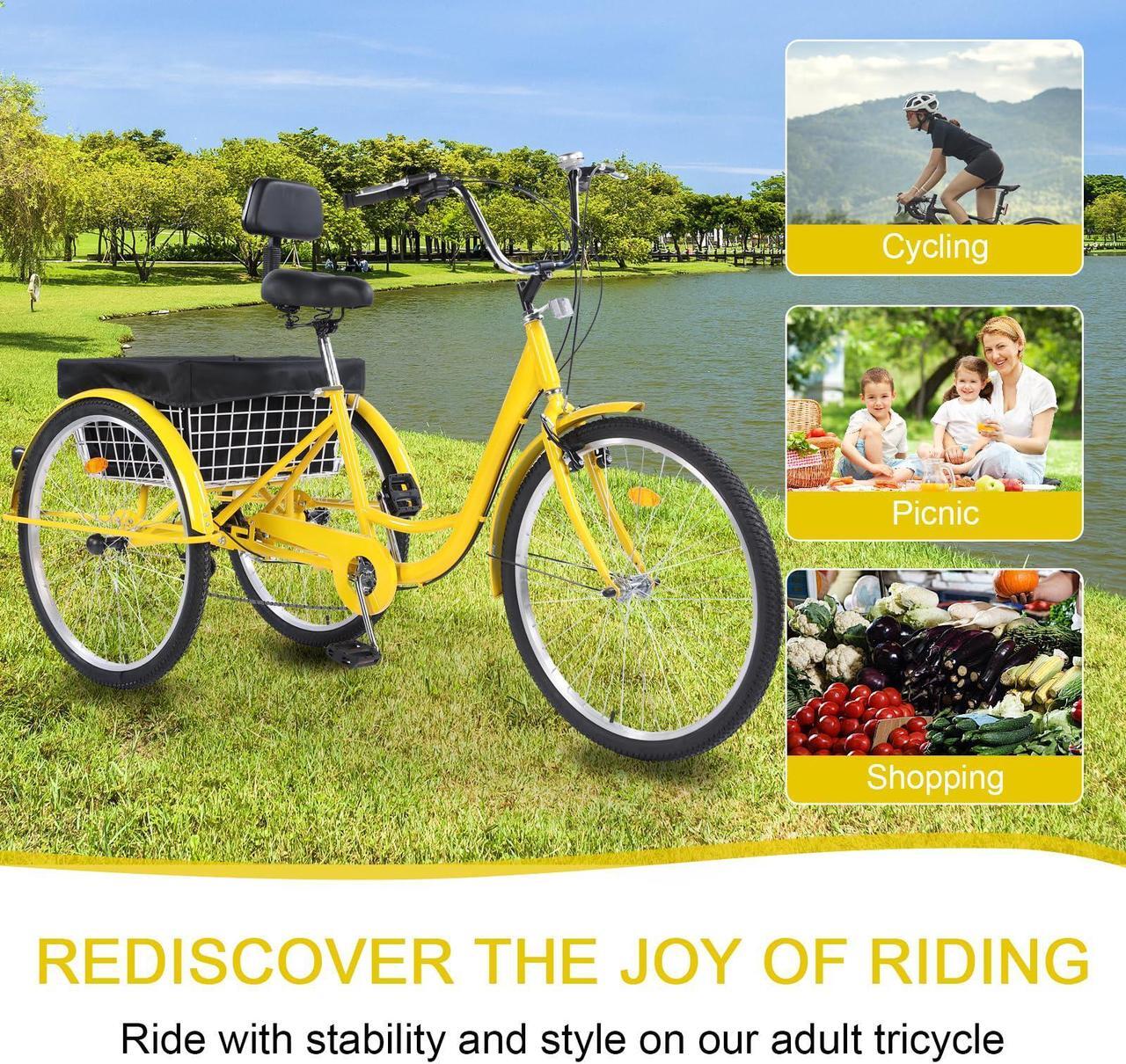 Alt view image 3 of 7 - EVGTTI Adult Tricycle Bike 7 Speed, 26 Inch 3 Wheel Bikes Tricycle for Adults, Adult Trike for Women/Men/Seniors Yellow