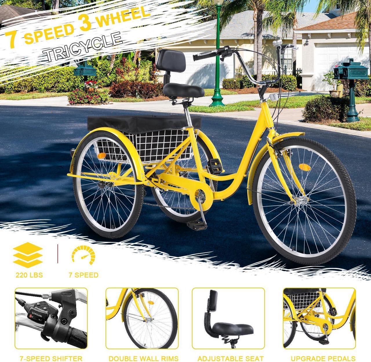 Alt view image 2 of 7 - EVGTTI Adult Tricycle Bike 7 Speed, 26 Inch 3 Wheel Bikes Tricycle for Adults, Adult Trike for Women/Men/Seniors Yellow