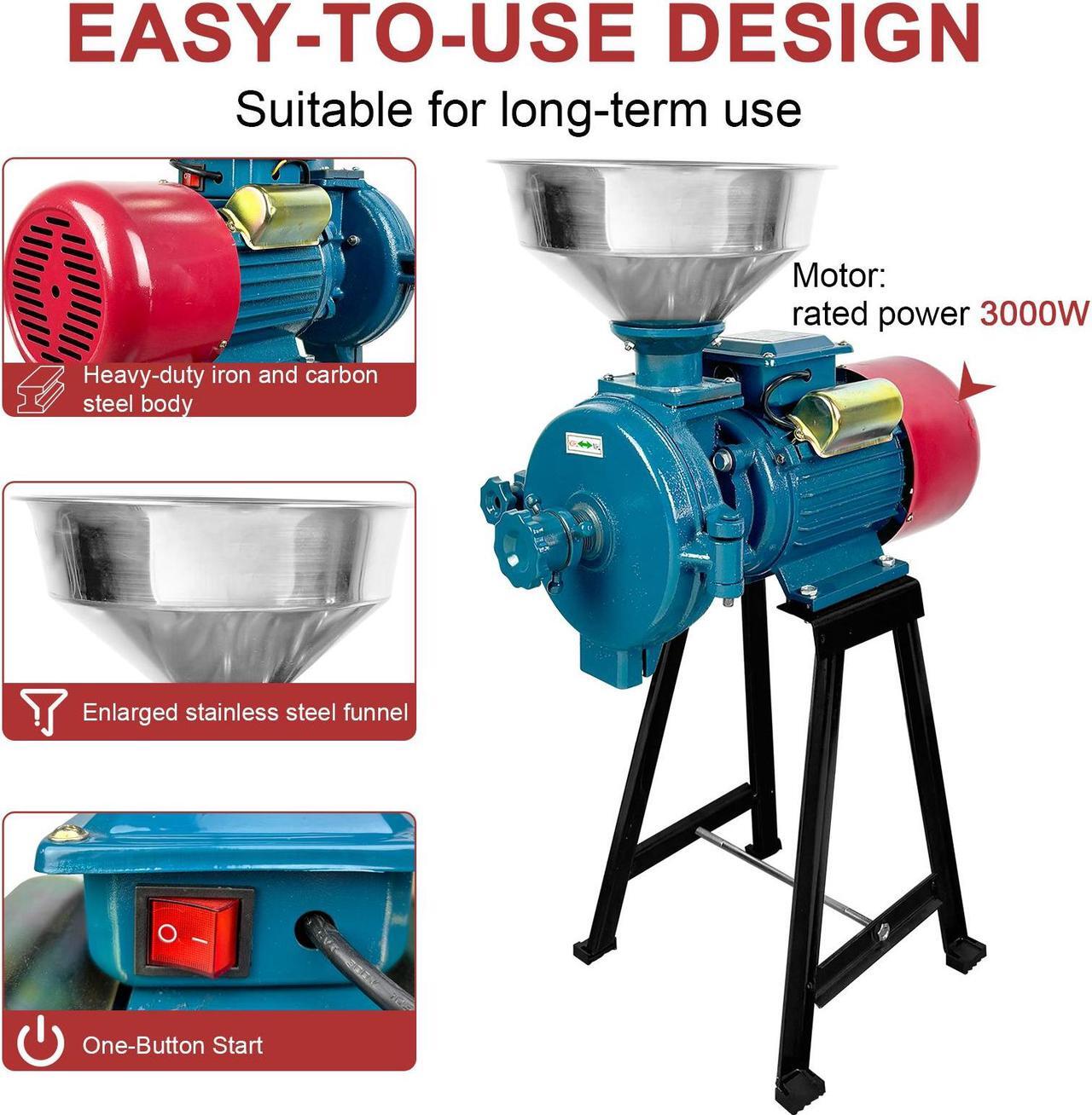 Alt view image 4 of 7 - EVGTTI Electric Grain Mill Grinder, 3000W 110V Spice Grinders, Commercial Corn Mill with Funnel & Switch, Thickness Adjustable Feed Mill Powder Machine, Heavy Duty Wheat Flour Cereals Grinder