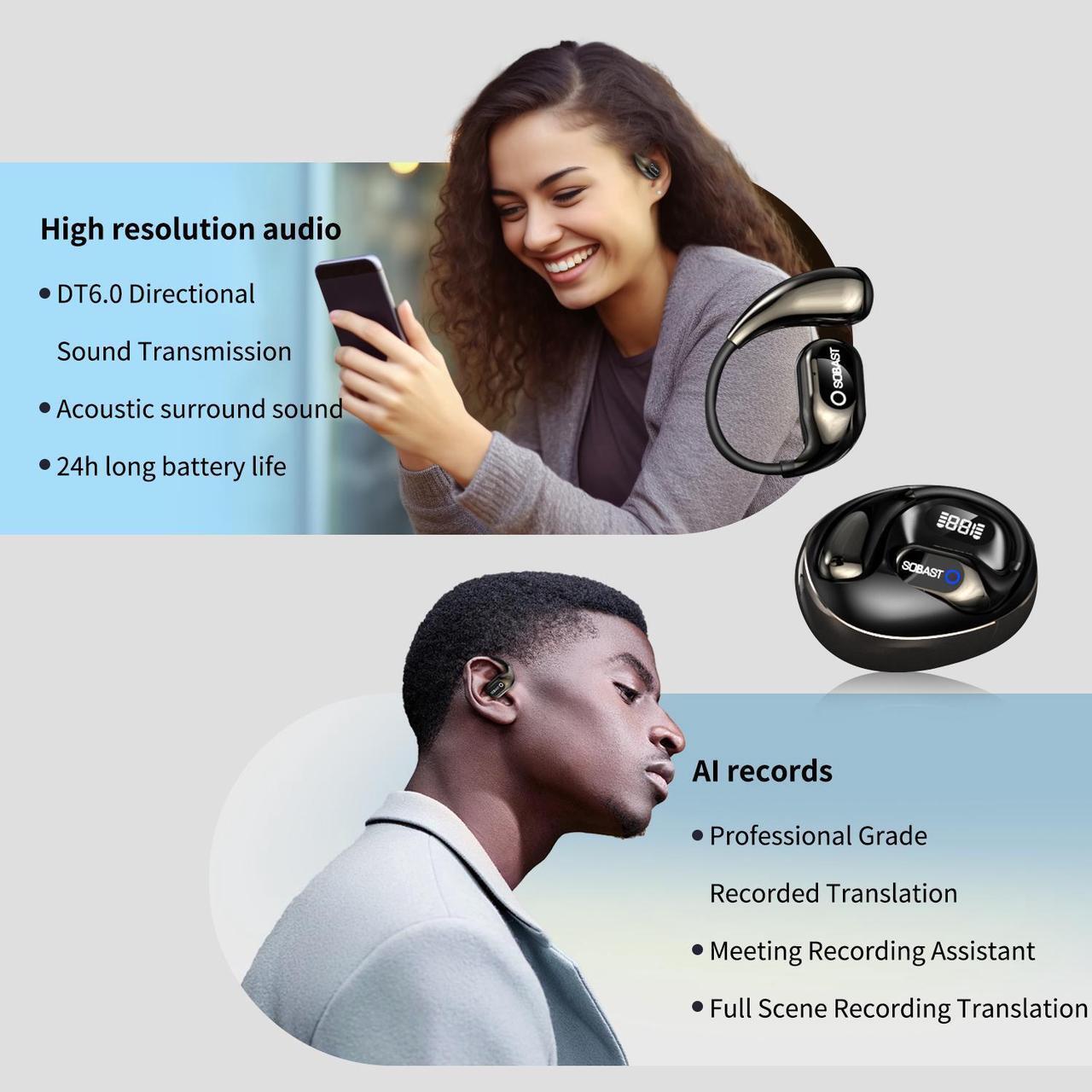 Alt view image 2 of 7 - SOBAST S-OW1pro AI Wireless Headset Intelligent Real-time Translation Wireless 5.3 Earbuds Noise Canceling Microphone Wireless Headset with Earhook, IP7 Waterproof Fitness Running Gym (Black)