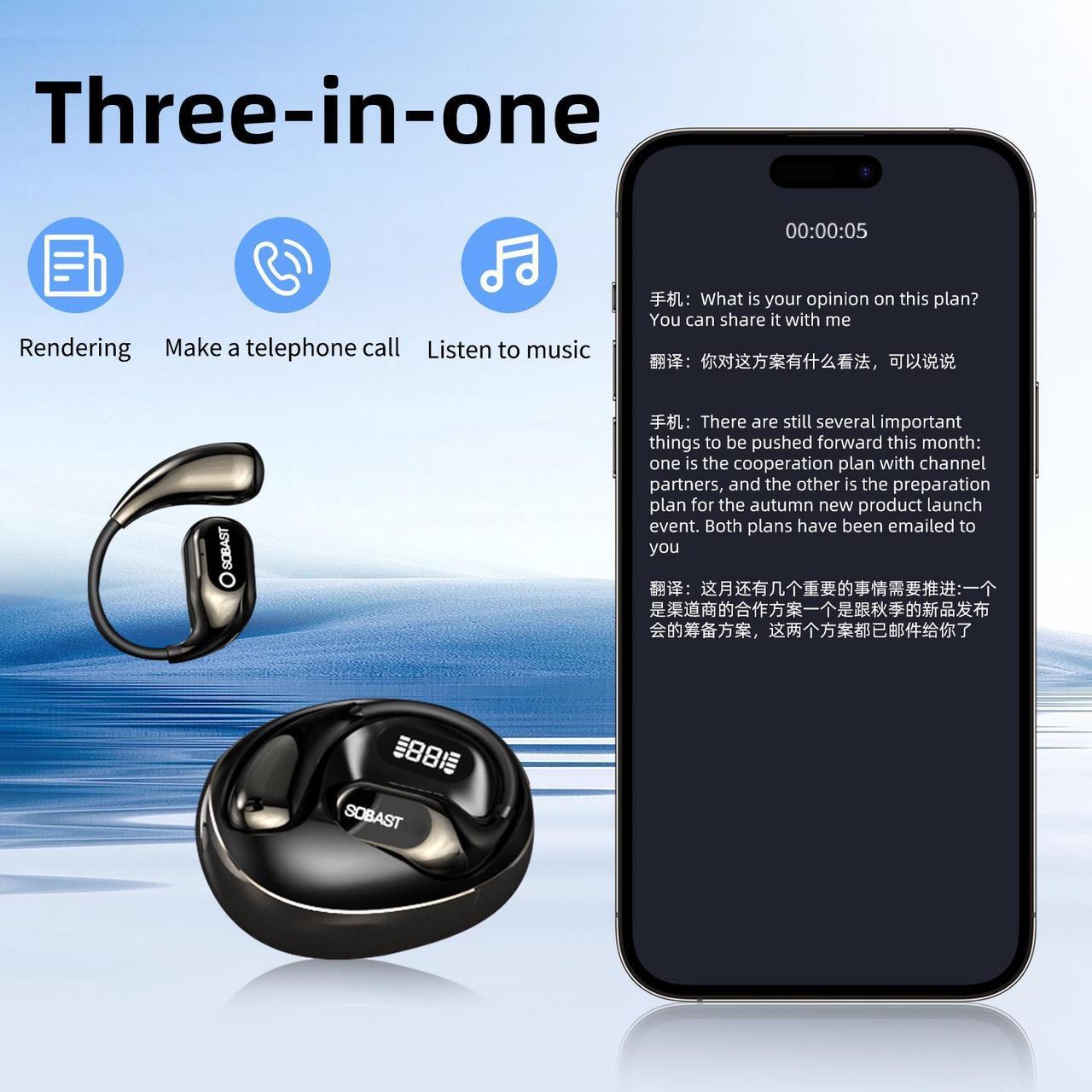 Alt view image 3 of 7 - SOBAST S-OW1pro AI Wireless Headset Intelligent Real-time Translation Wireless 5.3 Earbuds Noise Canceling Microphone Wireless Headset with Earhook, IP7 Waterproof Fitness Running Gym (Black)