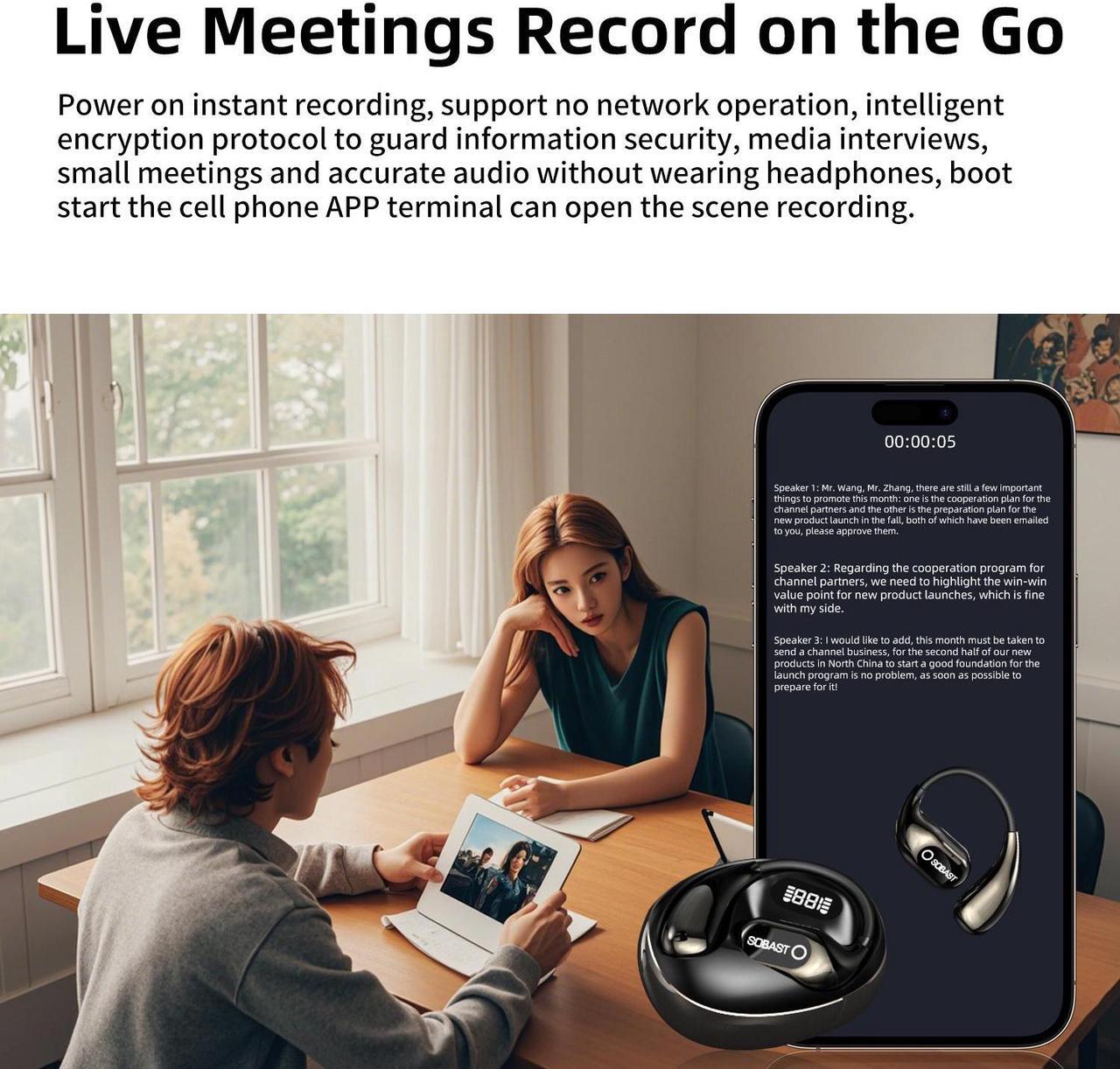Alt view image 6 of 7 - SOBAST S-OW1pro AI Wireless Headset Intelligent Real-time Translation Wireless 5.3 Earbuds Noise Canceling Microphone Wireless Headset with Earhook, IP7 Waterproof Fitness Running Gym (Black)