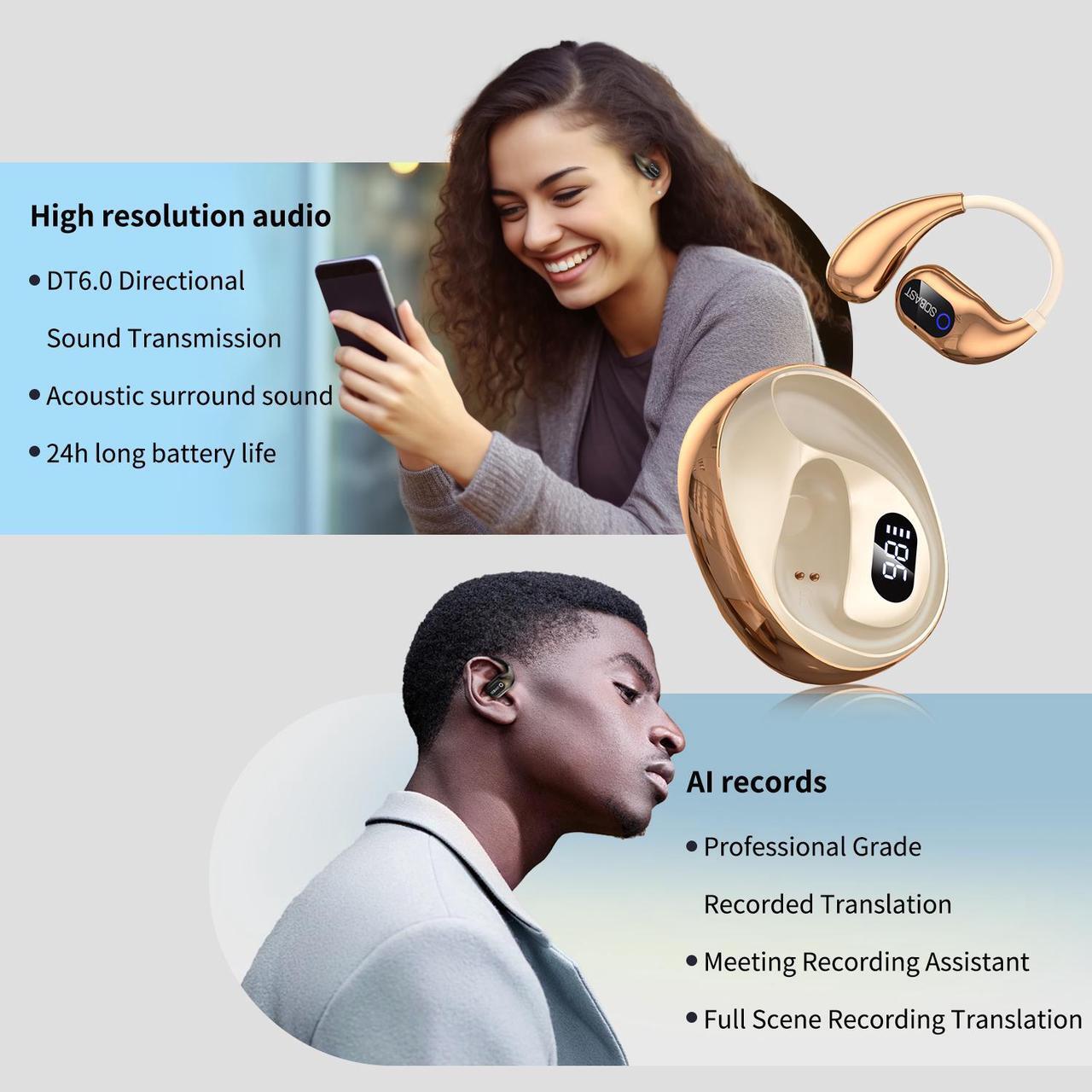 Alt view image 2 of 7 - SOBAST S-OW1pro AI Wireless Headset Intelligent Real-time Translation Wireless 5.3 Earbuds Noise Canceling Microphone Wireless Headset with Earhook, IP7 Waterproof Fitness Running Gym  Beige
