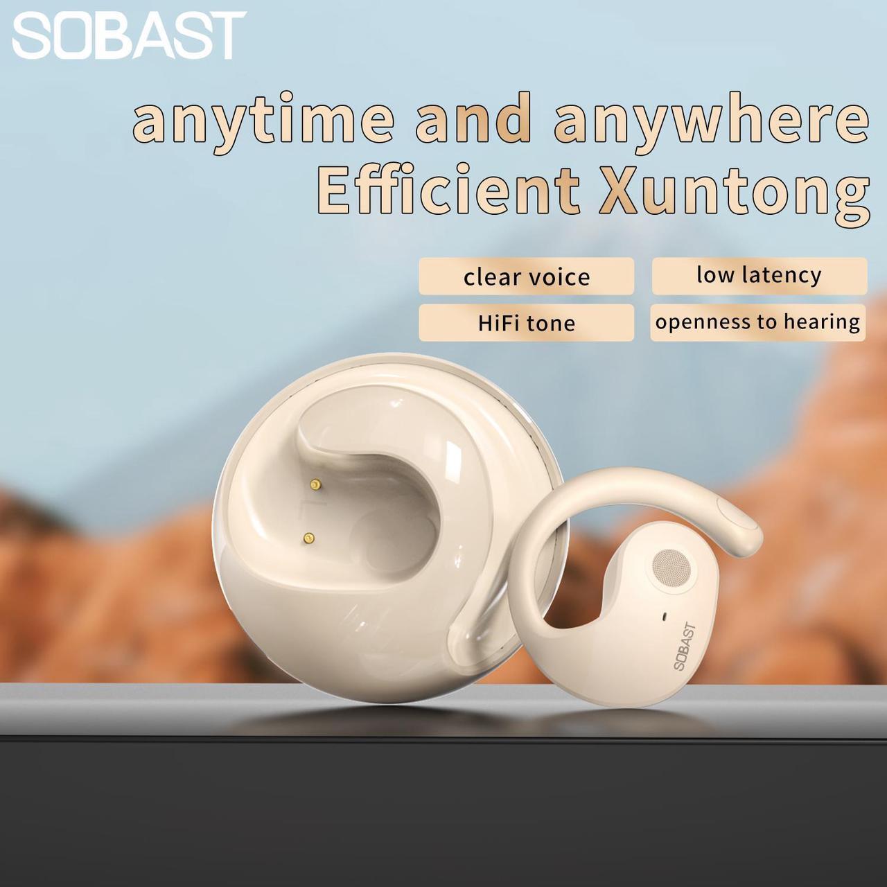 Main image of SOBAST open headset, ultra-comfortable, lightweight design, fit the ear, ergonomic earhooks, powerful bass, 36 hours of playback time, Bluetooth 5.3, application control, clear calls, wireless h Beige
