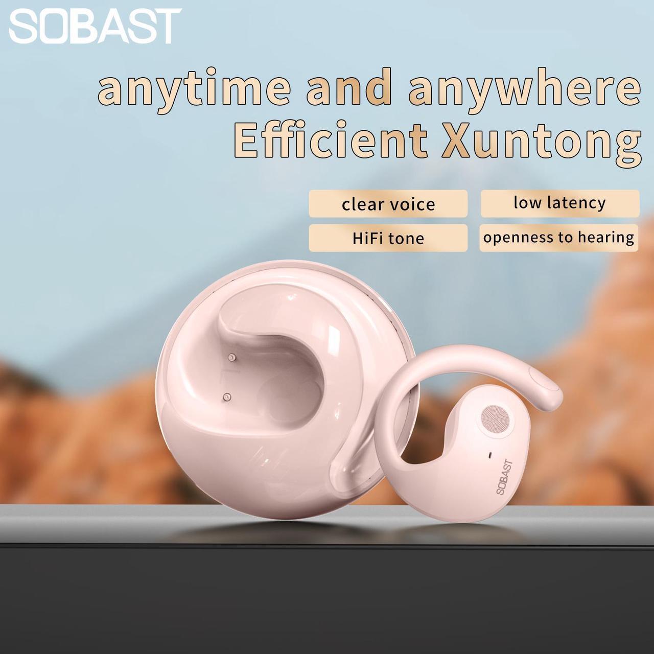 Main image of SOBAST open headphones, ultra-comfortable, lightweight design, fit in the ear, ergonomic earhooks, powerful bass, 36 hours of playback time, 5.3, app control, AI translation conversation,  Pink