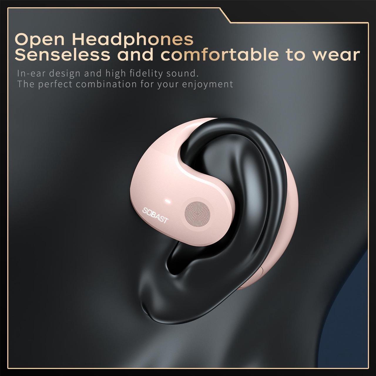 Alt view image 7 of 7 - SOBAST open headphones, ultra-comfortable, lightweight design, fit in the ear, ergonomic earhooks, powerful bass, 36 hours of playback time, 5.3, app control, AI translation conversation,  Pink