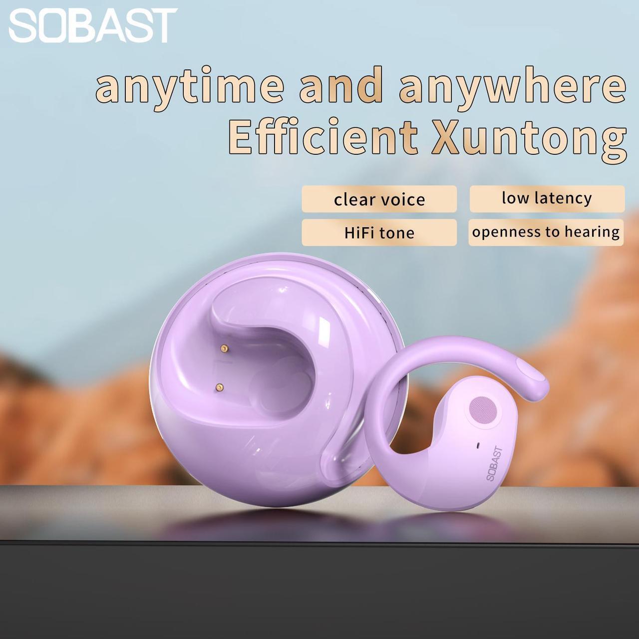 Main image of SOBAST open headset, ultra-comfortable, lightweight design, fit the ear, ergonomic earhooks, powerful bass, 36 hours of playback time,  5.3, application control, clear calls, wireless  Purple