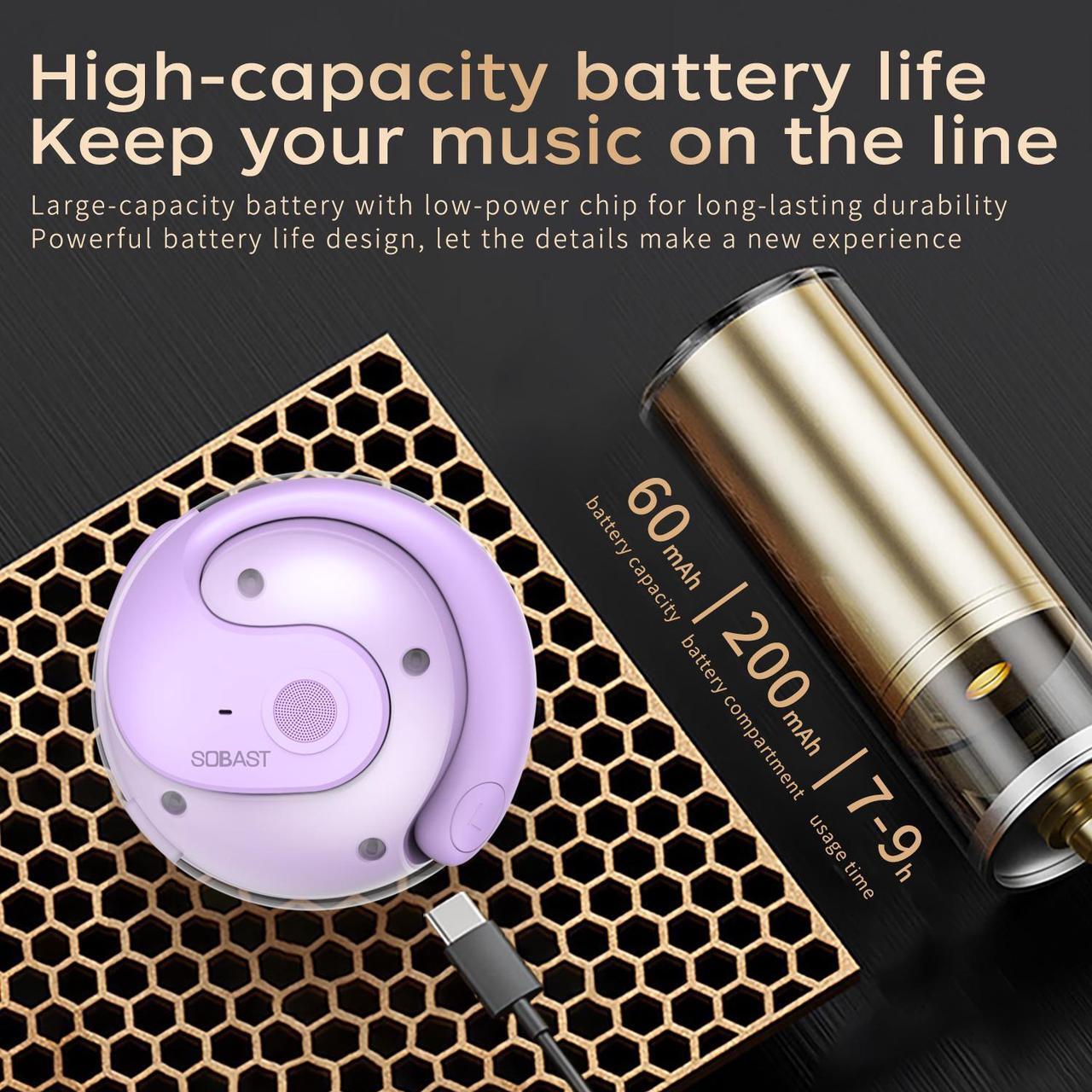 Alt view image 6 of 7 - SOBAST open headset, ultra-comfortable, lightweight design, fit the ear, ergonomic earhooks, powerful bass, 36 hours of playback time,  5.3, application control, clear calls, wireless  Purple