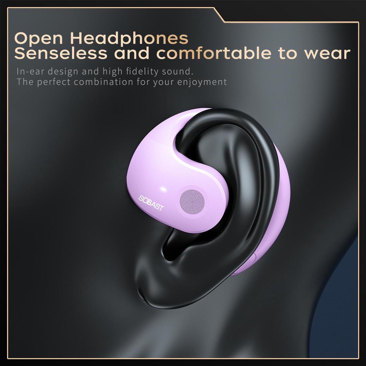 Alt view image 7 of 7 - SOBAST open headset, ultra-comfortable, lightweight design, fit the ear, ergonomic earhooks, powerful bass, 36 hours of playback time,  5.3, application control, clear calls, wireless  Purple