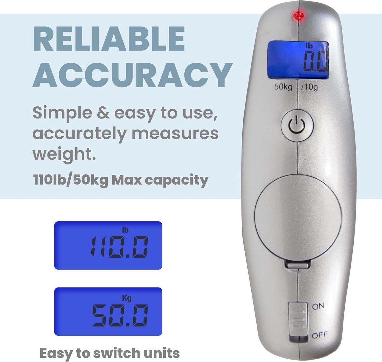 Alt view image 3 of 7 - Smart Weigh Digital Portable Luggage Scale, 50kg /110lbs Capacity, with EZ Grip Handle, Travel Hanging Scale w/Strap, Bag Weight Gadget w/Tare Function for Suitcases