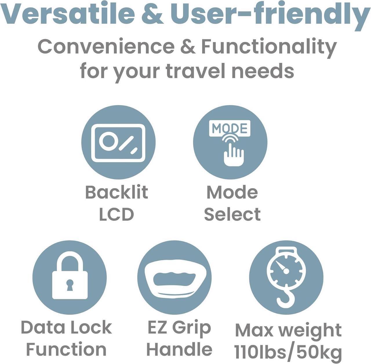 Alt view image 5 of 7 - Smart Weigh Digital Portable Luggage Scale, 50kg /110lbs Capacity, with EZ Grip Handle, Travel Hanging Scale w/Strap, Bag Weight Gadget w/Tare Function for Suitcases