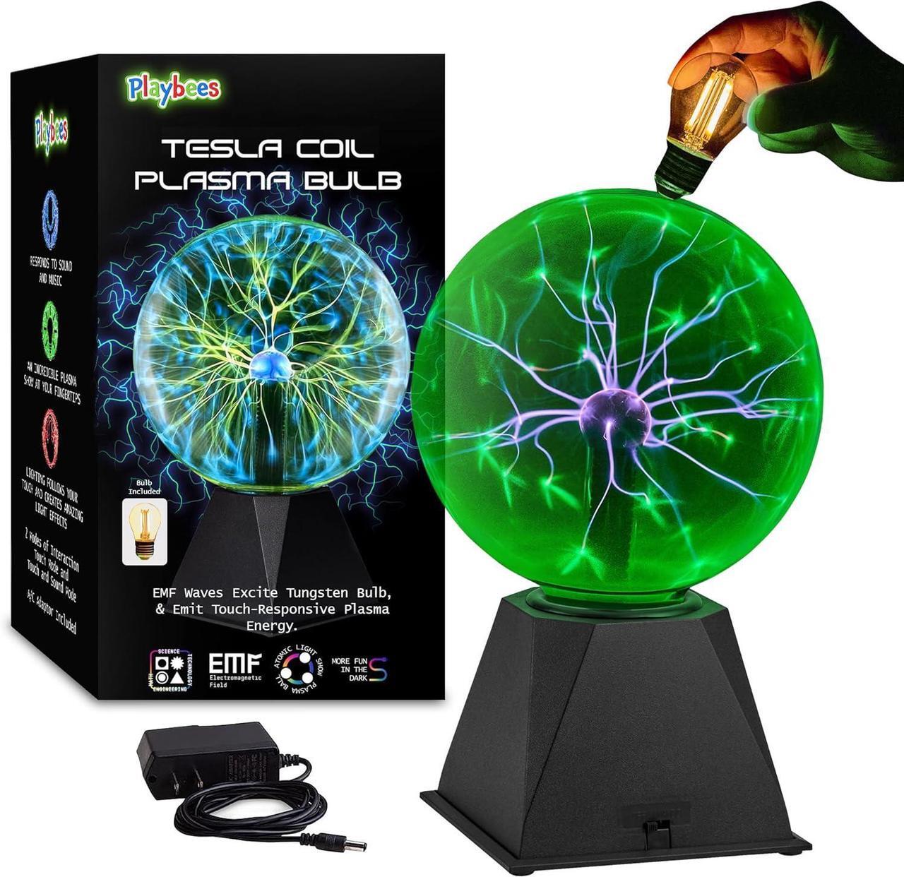 Main image of Playbees Colorful Plasma Ball - 7 Inch - Tesla Coil Bulb Static Electricity in a Vacuum Pressurized Glass Globe, Nebula Thunder Lightning, Plug-in - for Parties, Decorations, Prop, STEM - Green