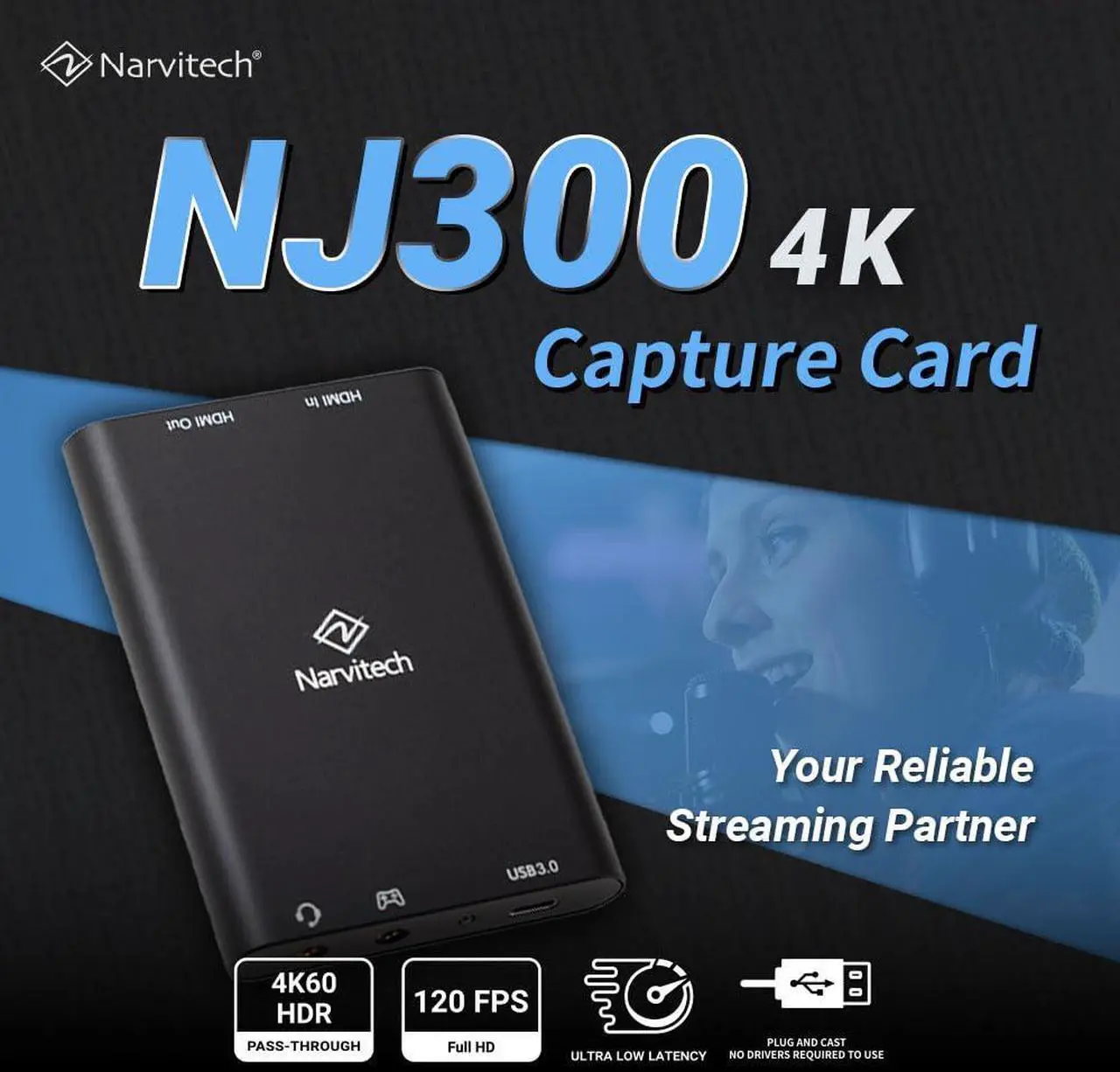 Alt view image 2 of 7 - Narvitech NJ300 External Capture Card  4K60 Passthrough, 1080P60 Streaming & Recording, Ultra-Low Latency for PS5, PS4, Xbox Series X/S, PC & Mac, OBS Compatible, Supports Party Chat