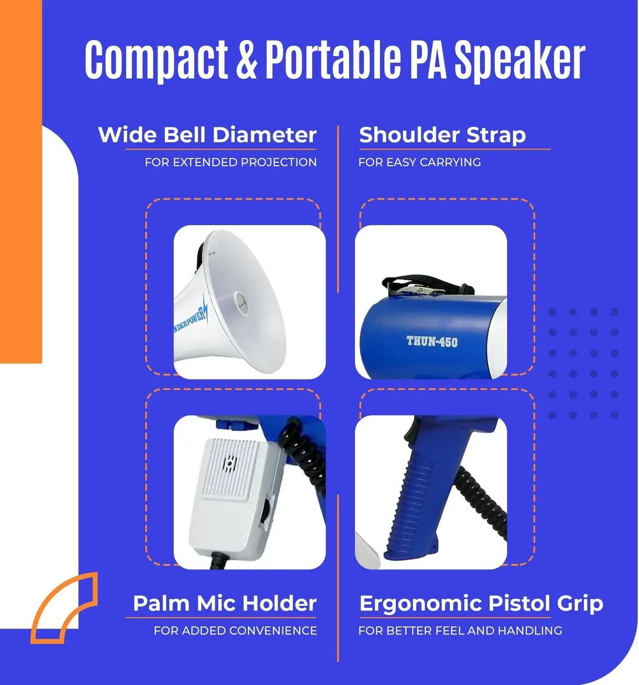 Alt view image 3 of 7 - ThunderPower THUN450 1200 Yard Sound Range 35 Watt Portable PA Bullhorn Megaphone Speaker with 3 Megaphone Modes, Loud Blue Hand Held Bull Horn/Mega Phone, Electric Megahorn