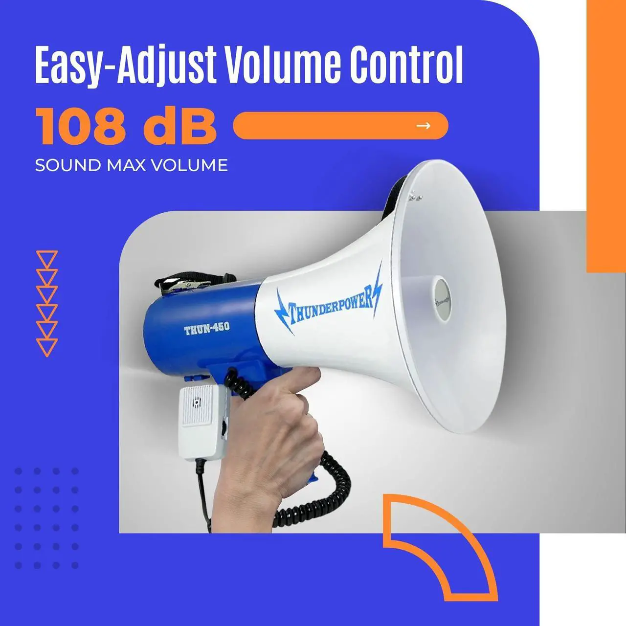 Alt view image 6 of 7 - ThunderPower THUN450 1200 Yard Sound Range 35 Watt Portable PA Bullhorn Megaphone Speaker with 3 Megaphone Modes, Loud Blue Hand Held Bull Horn/Mega Phone, Electric Megahorn