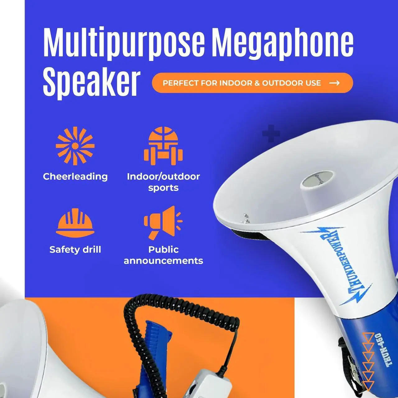 Alt view image 7 of 7 - ThunderPower THUN450 1200 Yard Sound Range 35 Watt Portable PA Bullhorn Megaphone Speaker with 3 Megaphone Modes, Loud Blue Hand Held Bull Horn/Mega Phone, Electric Megahorn