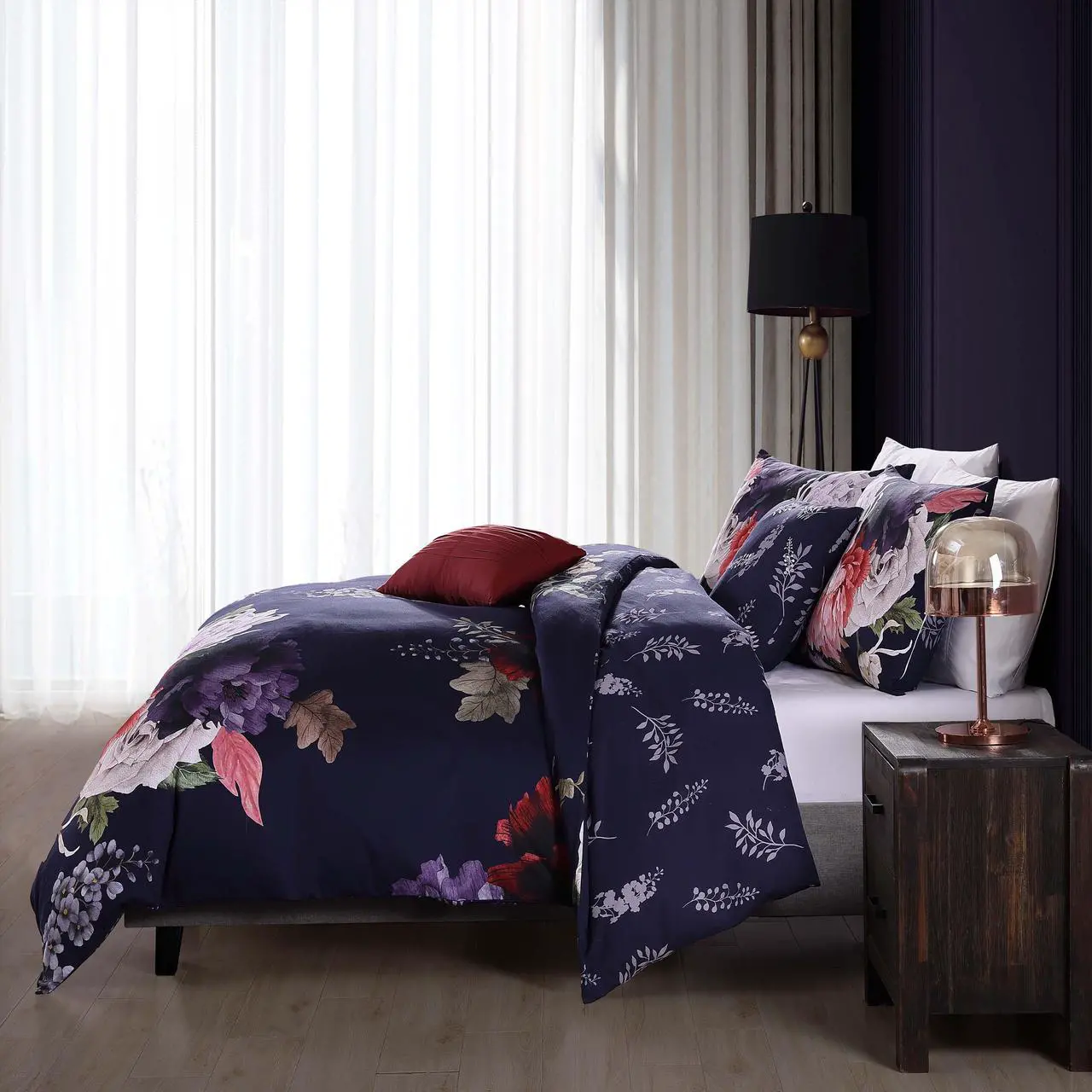 Alt view image 4 of 7 - Bebejan Deep Purple Garden 100% Cotton Sateen 5 Piece Queen Size Reversible Comforter Set