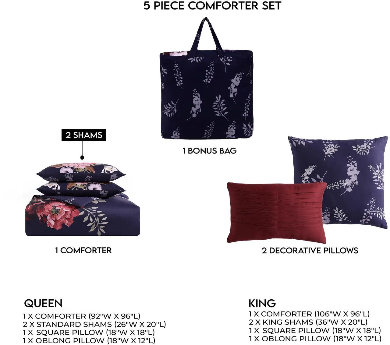 Alt view image 7 of 7 - Bebejan Deep Purple Garden 100% Cotton Sateen 5 Piece Queen Size Reversible Comforter Set