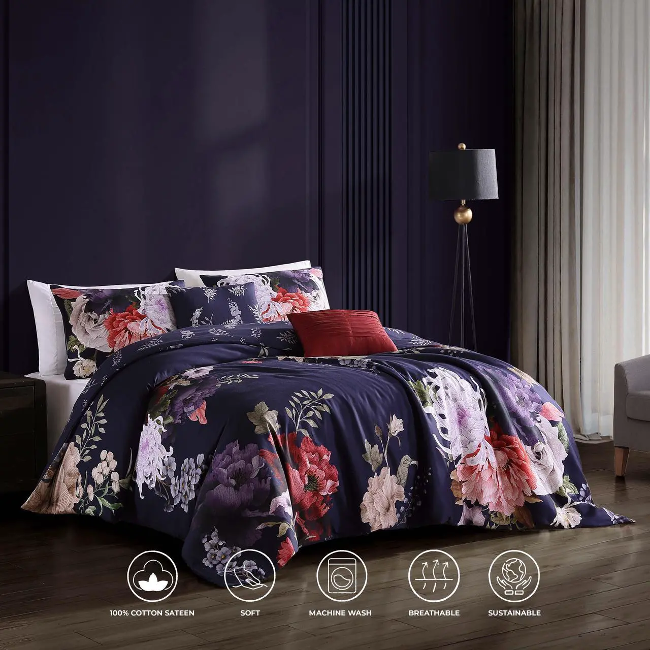 Alt view image 3 of 7 - Bebejan Deep Purple Garden 100% Cotton Sateen 5 Piece Queen Size Reversible Comforter Set