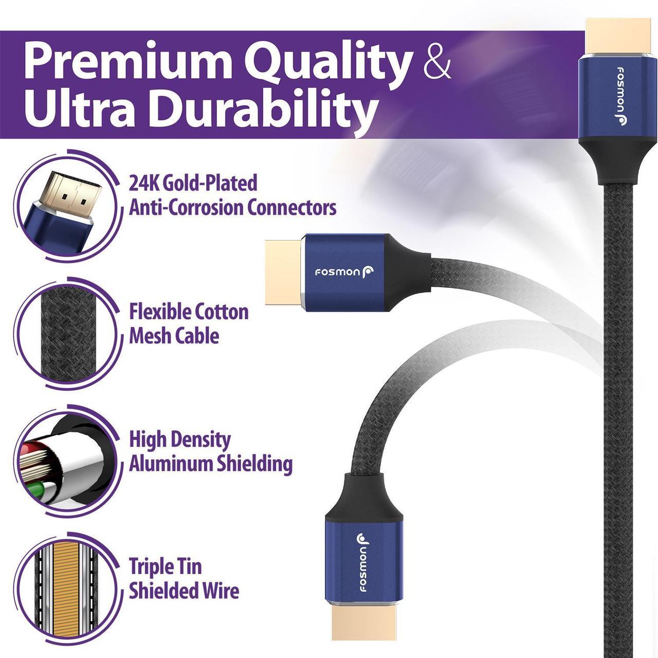 Alt view image 4 of 7 - Fosmon 25FT CL3 Rated 24AWG Cotton Braided Premium High Speed HDMI Cable (Supports Ethernet, 3D, Audio Return, 4K@60Hz) -  Blue/Black