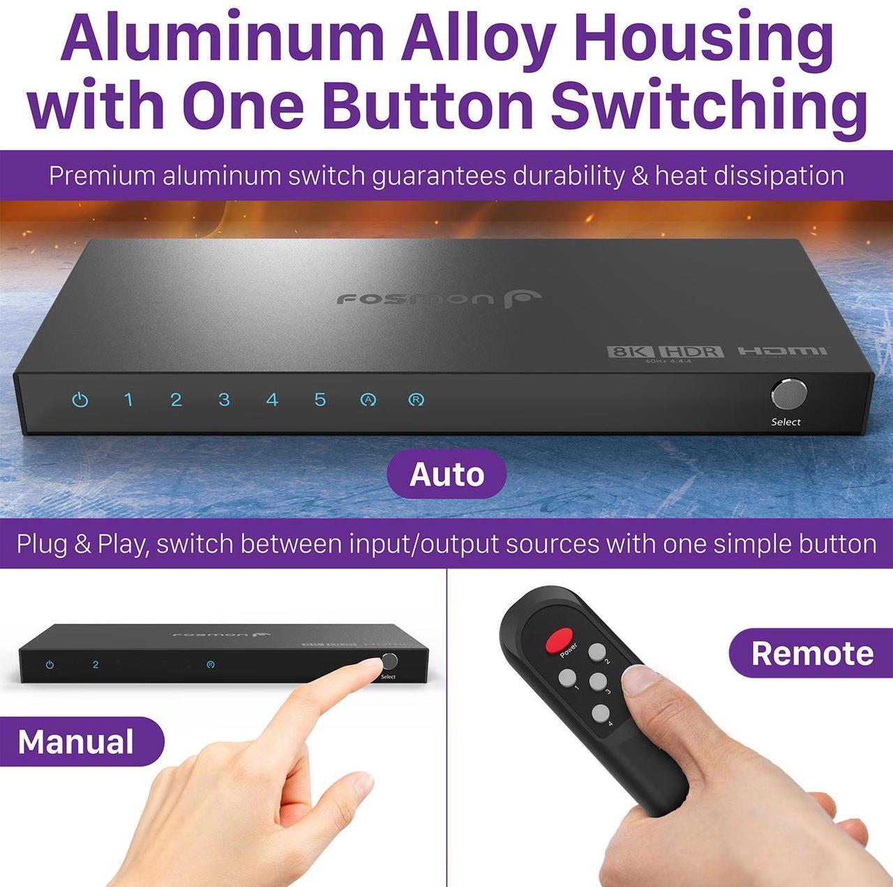 Alt view image 6 of 6 - Fosmon 5-Port 8K HDMI 2.1 Switch with Remote Control, HDCP 2.3 Auto-Switching HDMI Switcher, 5x1 HDMI Splitter for PS5, Xbox X, Apple TV