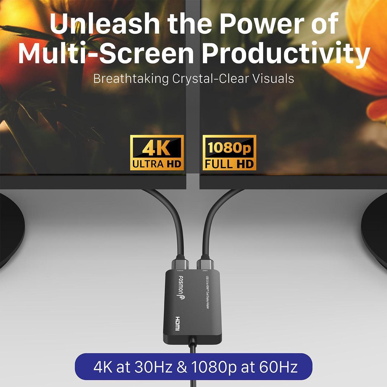 Alt view image 6 of 6 - Fosmon 2-in-1 USB C & USB 3.0 to Dual HDMI Display Adapter, 1x 4K@30Hz & 1x 1080p, Multi-Monitor Display (3 Separate Screens) Extender Splitter