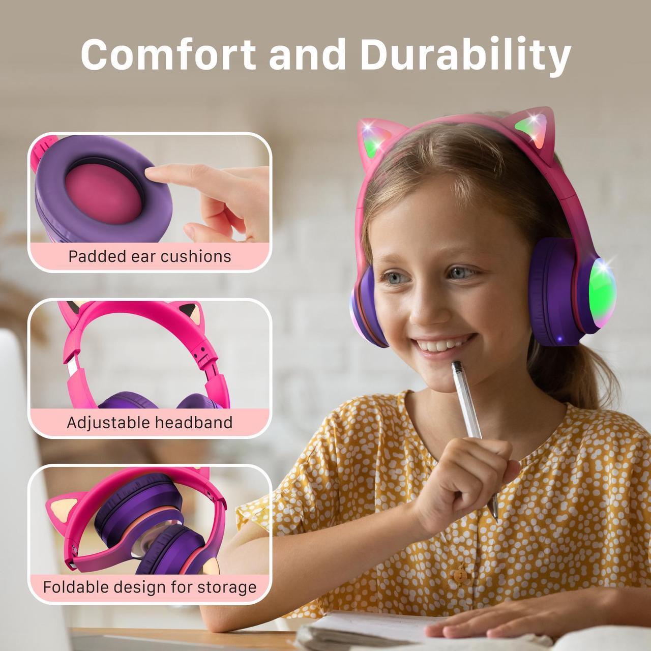 Alt view image 5 of 6 - FosPower Kids Headphones, 5.2 Bluetooth Wireless Headphones for Kids with 3.5mm, Built-In Microphone, Led Light Up Cat Ears - Hot Pink/Deep Purple