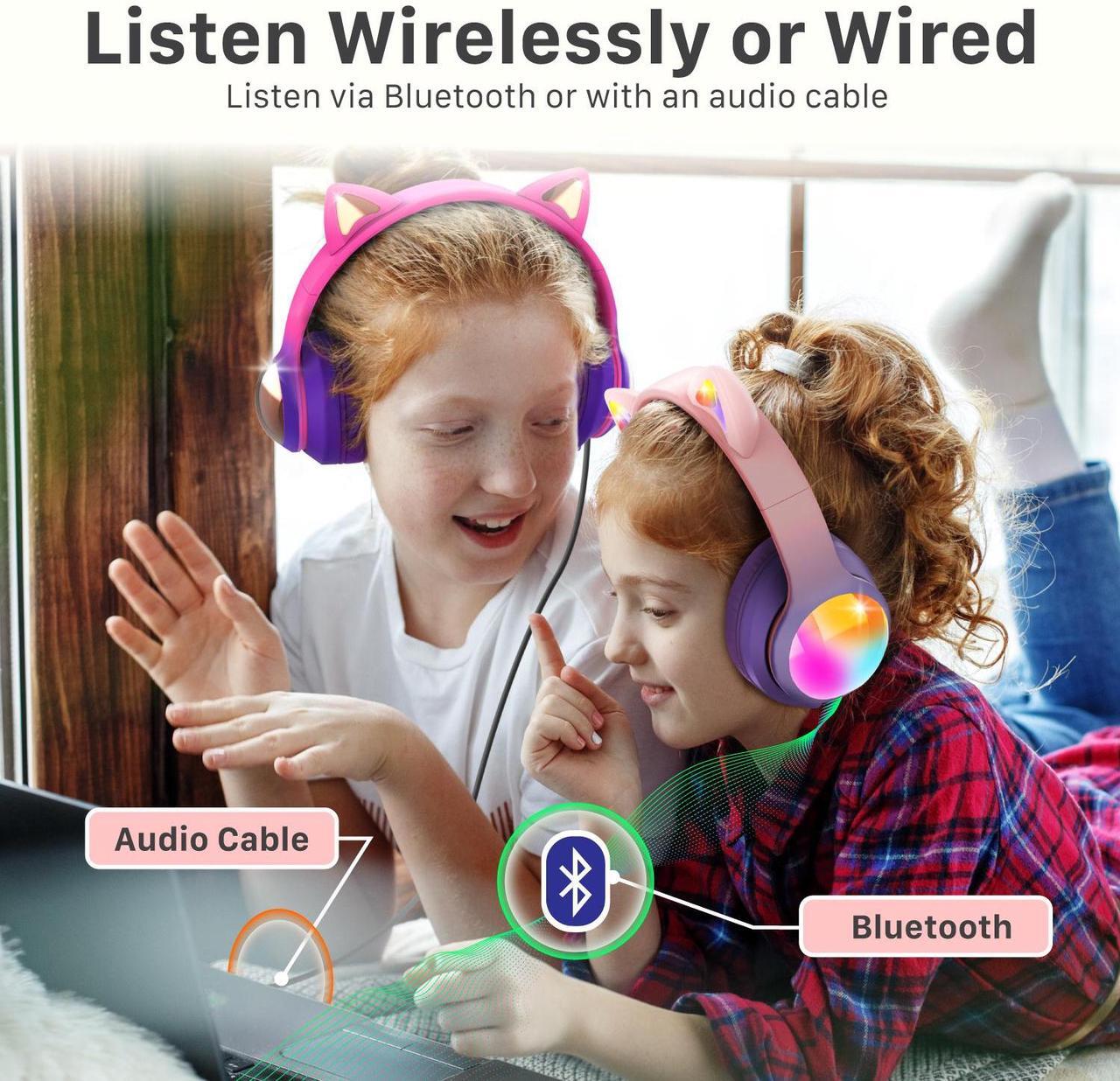 Alt view image 6 of 6 - FosPower Kids Headphones, 5.2 Bluetooth Wireless Headphones for Kids with 3.5mm, Built-In Microphone, Led Light Up Cat Ears - Hot Pink/Deep Purple