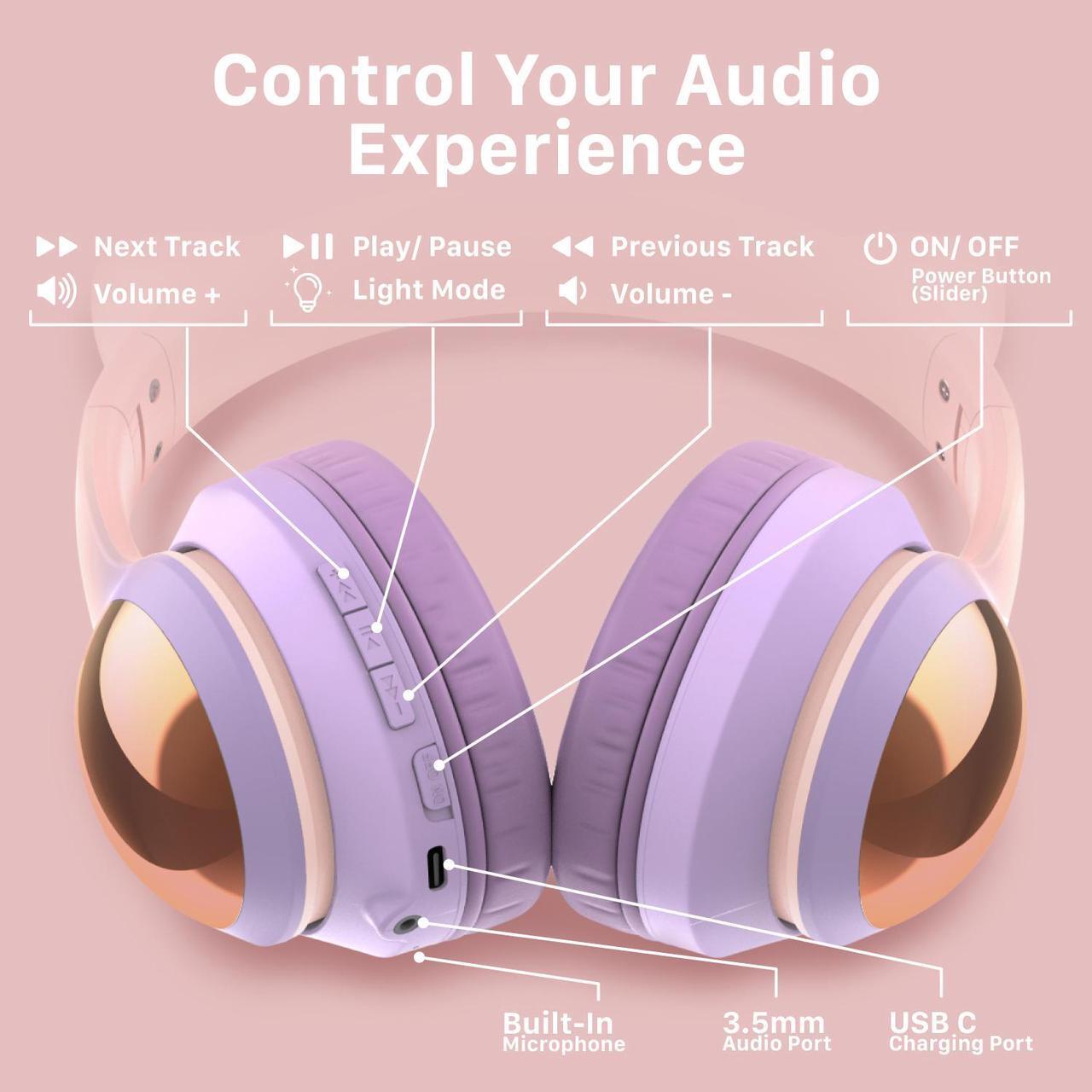 Alt view image 3 of 6 - FosPower Kids Headphones, 5.2 Bluetooth Wireless Headphones for Kids with 3.5mm, Built-In Microphone, Led Light Up Cat Ears - Pink / Purple