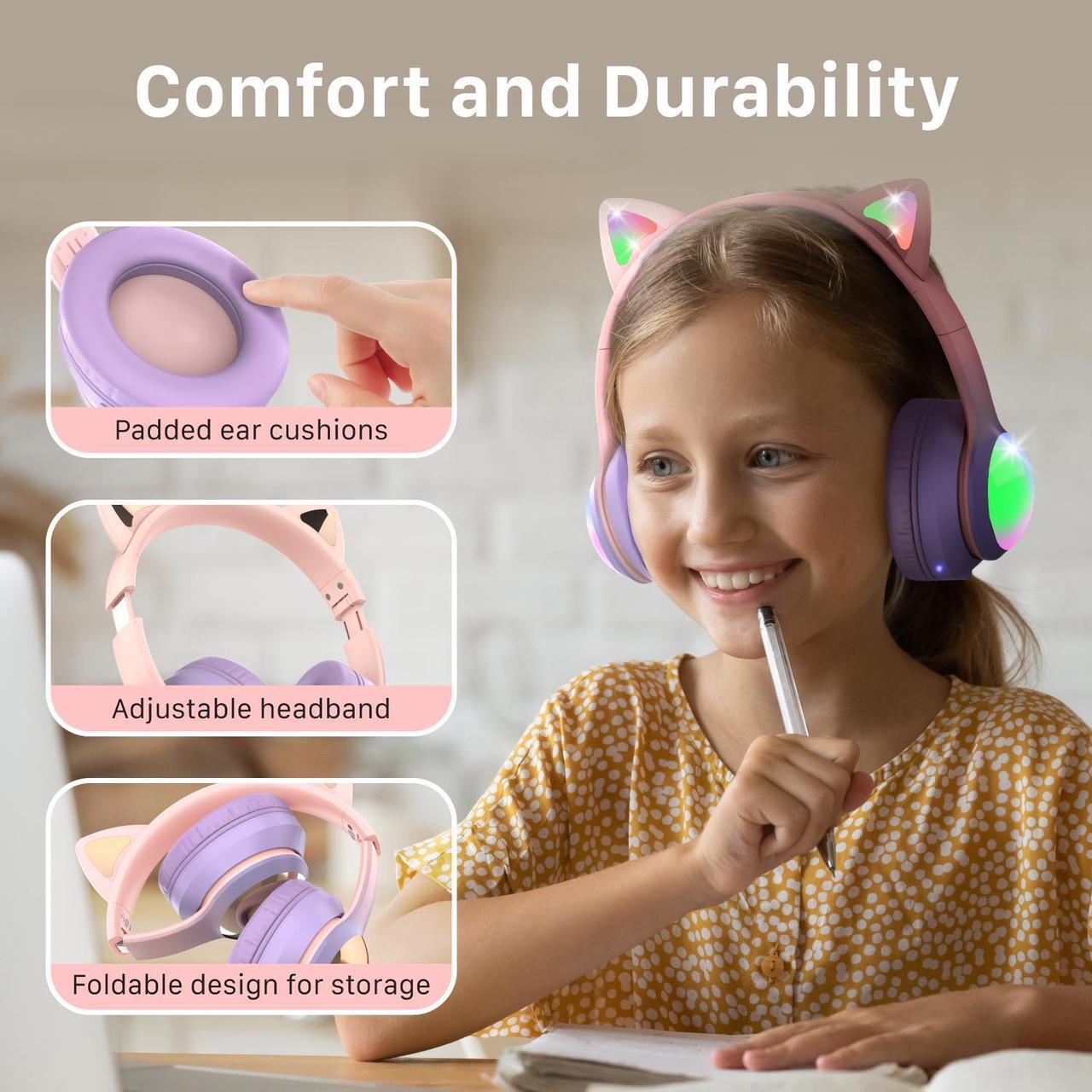 Alt view image 5 of 6 - FosPower Kids Headphones, 5.2 Bluetooth Wireless Headphones for Kids with 3.5mm, Built-In Microphone, Led Light Up Cat Ears - Pink / Purple