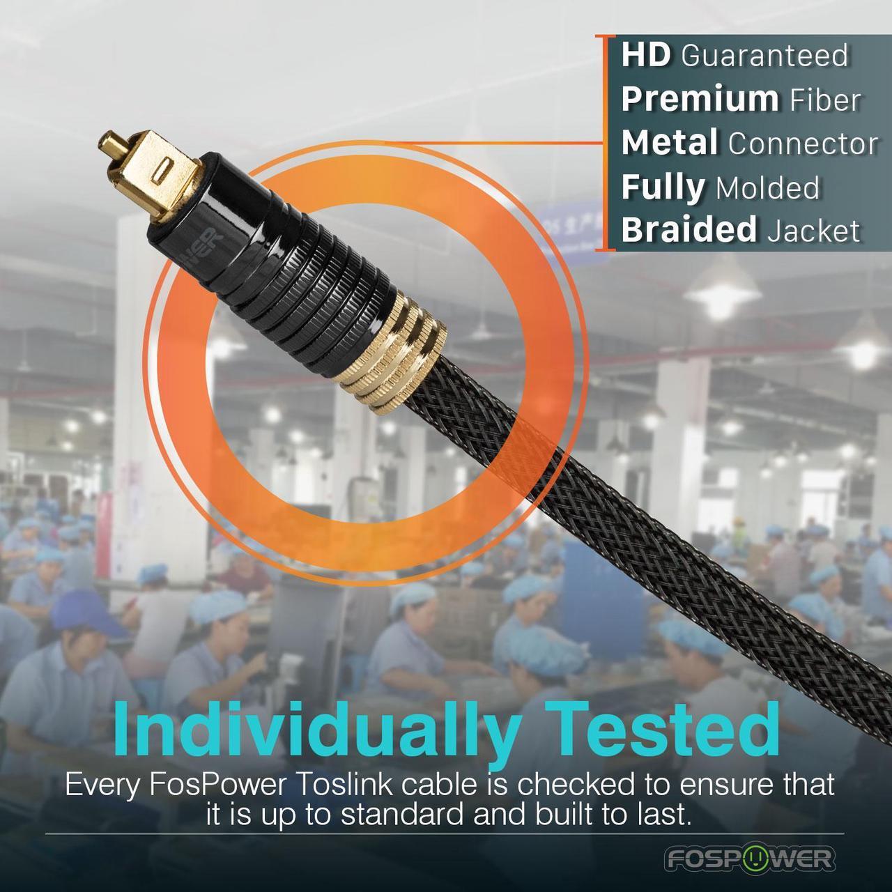 Alt view image 5 of 7 - FosPower 24K Gold-Plated Optical Digital Audio Cable - 15FT, Zero RFI & EMI Interference S/PDIF Toslink Cable with Ultra Durable Nylon Braided Jacket