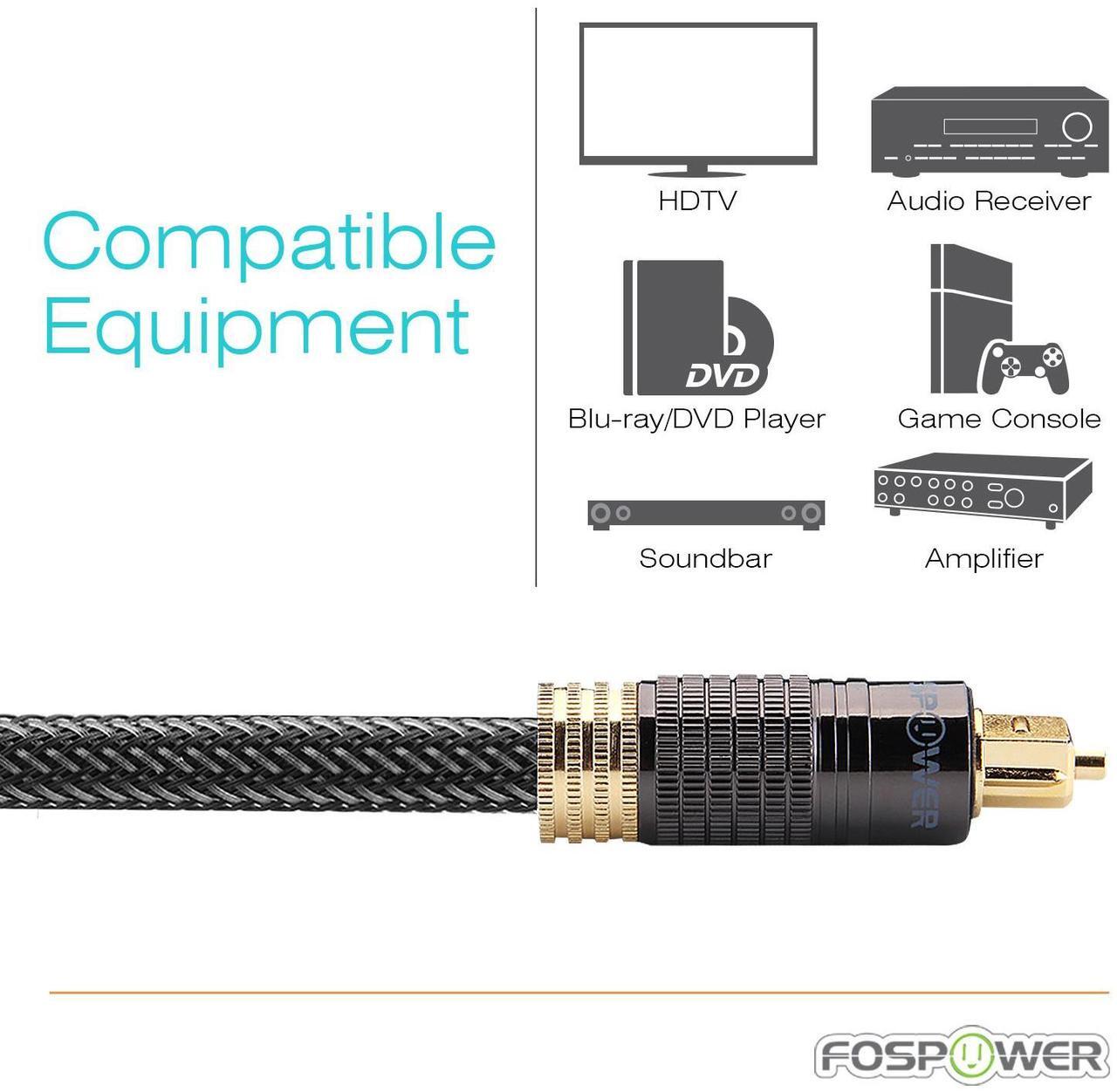 Alt view image 7 of 7 - FosPower 24K Gold-Plated Optical Digital Audio Cable - 15FT, Zero RFI & EMI Interference S/PDIF Toslink Cable with Ultra Durable Nylon Braided Jacket