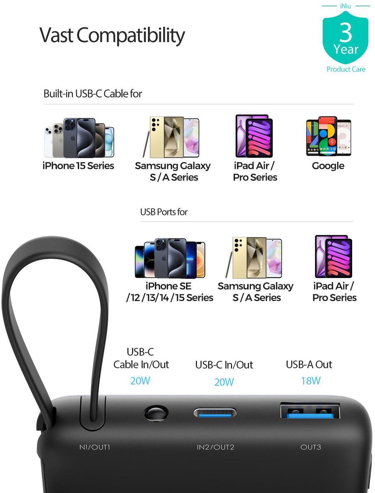 Alt view image 5 of 6 - INIU Portable Charger, Compact 10000mAh PD 20W Power Bank with Built-in USB-C Cable(IN&OUT) for iPhone, Samsung etc.