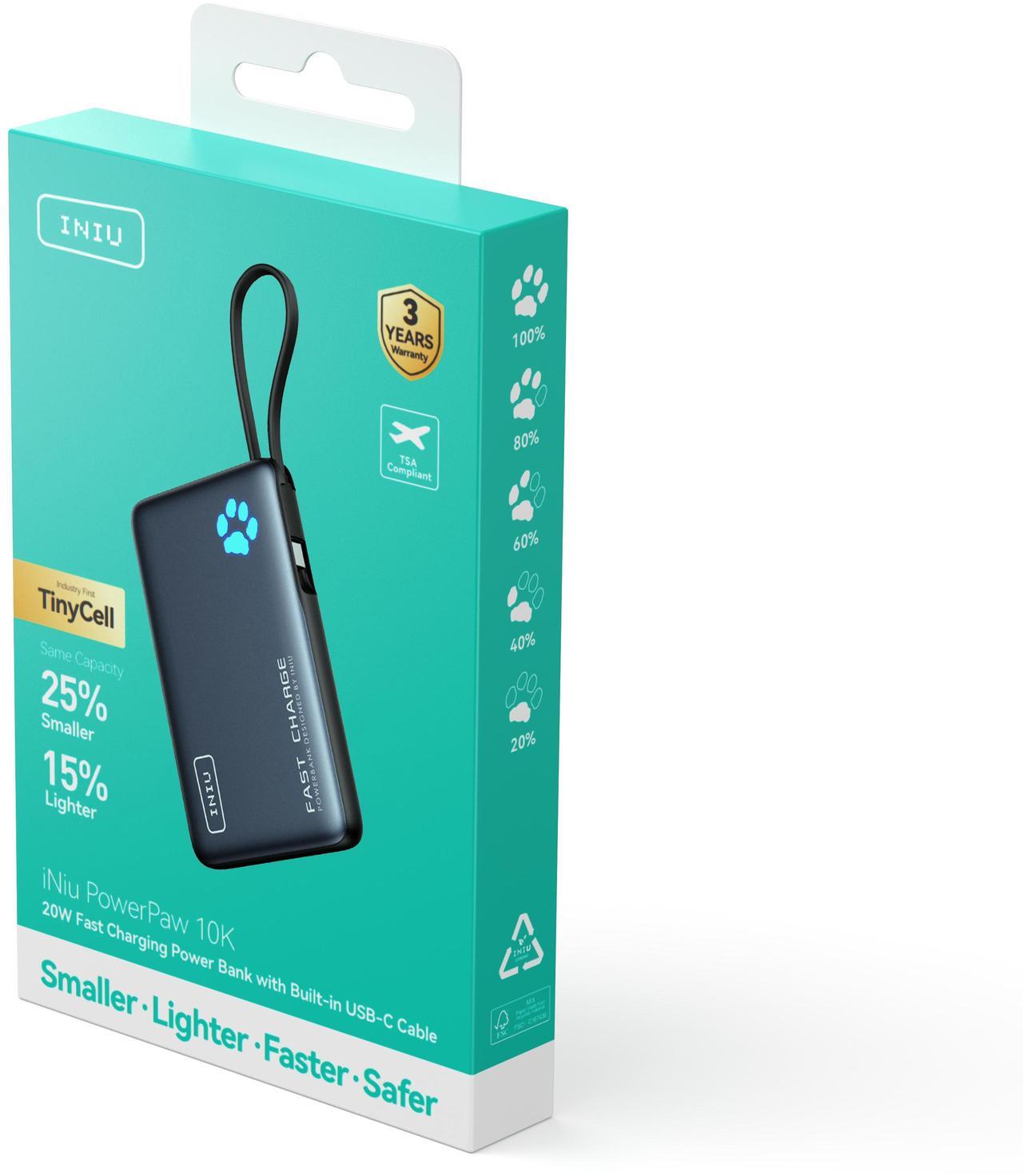 Alt view image 2 of 6 - INIU Portable Charger, Compact 10000mAh PD 20W Power Bank with Built-in USB-C Cable(IN&OUT) for iPhone, Samsung etc.