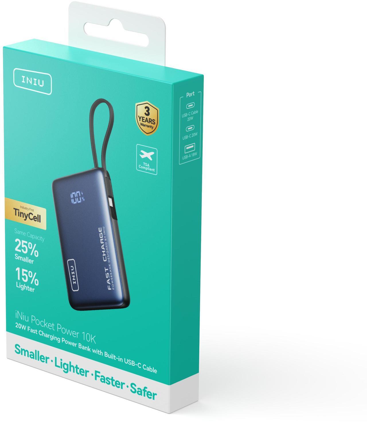 Alt view image 3 of 7 - INIU Portable Charger, Compact 10000mAh PD 20W Power Bank with Built-in USB-C Cable for iPhone, Samsung etc.