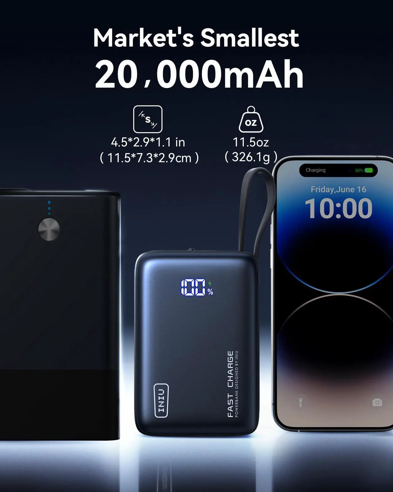 Alt view image 3 of 7 - INIU Portable Charger, Compact 20000mAh PD 20W Power Bank with Built-in USB-C Cable for iPhone, Samsung etc.