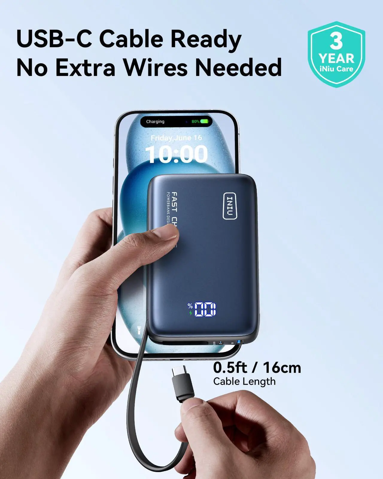 Alt view image 5 of 7 - INIU Portable Charger, Compact 20000mAh PD 20W Power Bank with Built-in USB-C Cable for iPhone, Samsung etc.