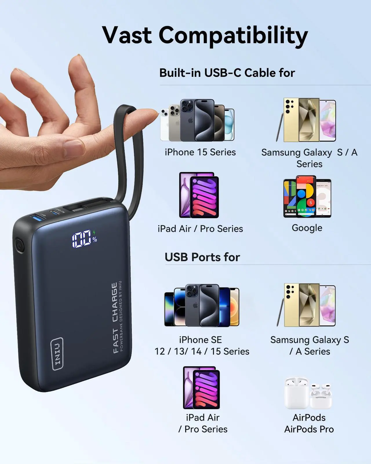 Alt view image 6 of 7 - INIU Portable Charger, Compact 20000mAh PD 20W Power Bank with Built-in USB-C Cable for iPhone, Samsung etc.