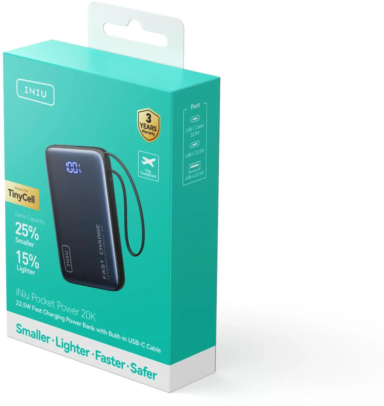 Alt view image 4 of 7 - INIU Portable Charger, Compact 20000mAh PD 20W Power Bank with Built-in USB-C Cable for iPhone, Samsung etc.