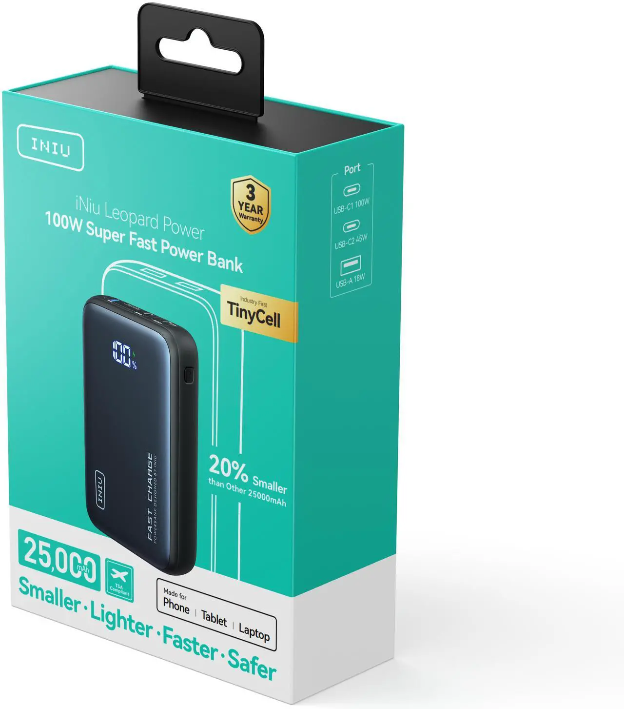 Alt view image 3 of 6 - INIU 100W Power Bank Smallest 25000mAh Fast Charging Portable Charger for MacBook Dell HP iPad Tablet iPhone Samsung etc