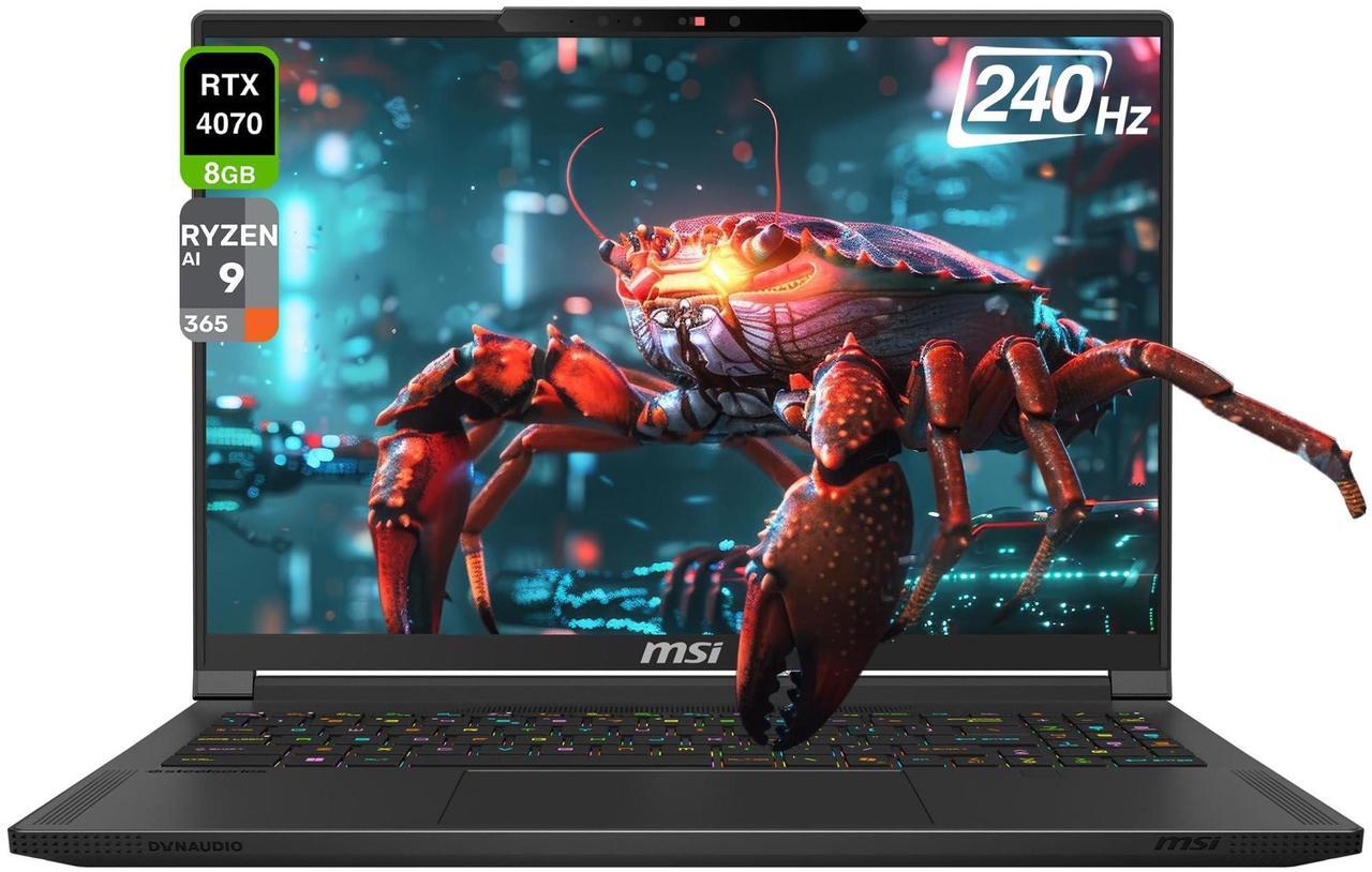 Main image of MSI Stealth A16 AI+ Copilot Gaming Laptop, AMD Ryzen AI 9-365, 32 GB LPDDR5X RAM, 2 TB PCIe SSD, 16" QHD (2560x1600) 240Hz Display, Nvidia G-Force RTX 4070, Backlit Keyboard, W11 Home, Black