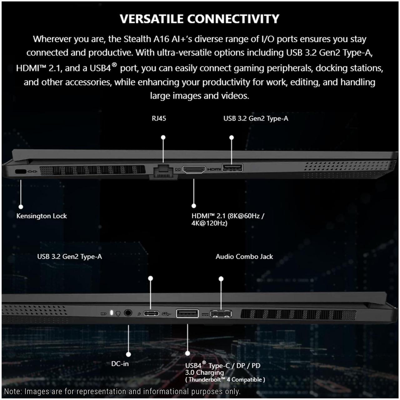 Alt view image 5 of 7 - MSI Stealth A16 AI+ Copilot Gaming Laptop, AMD Ryzen AI 9-365, 32 GB LPDDR5X RAM, 2 TB PCIe SSD, 16" QHD (2560x1600) 240Hz Display, Nvidia G-Force RTX 4070, Backlit Keyboard, W11 Home, Black